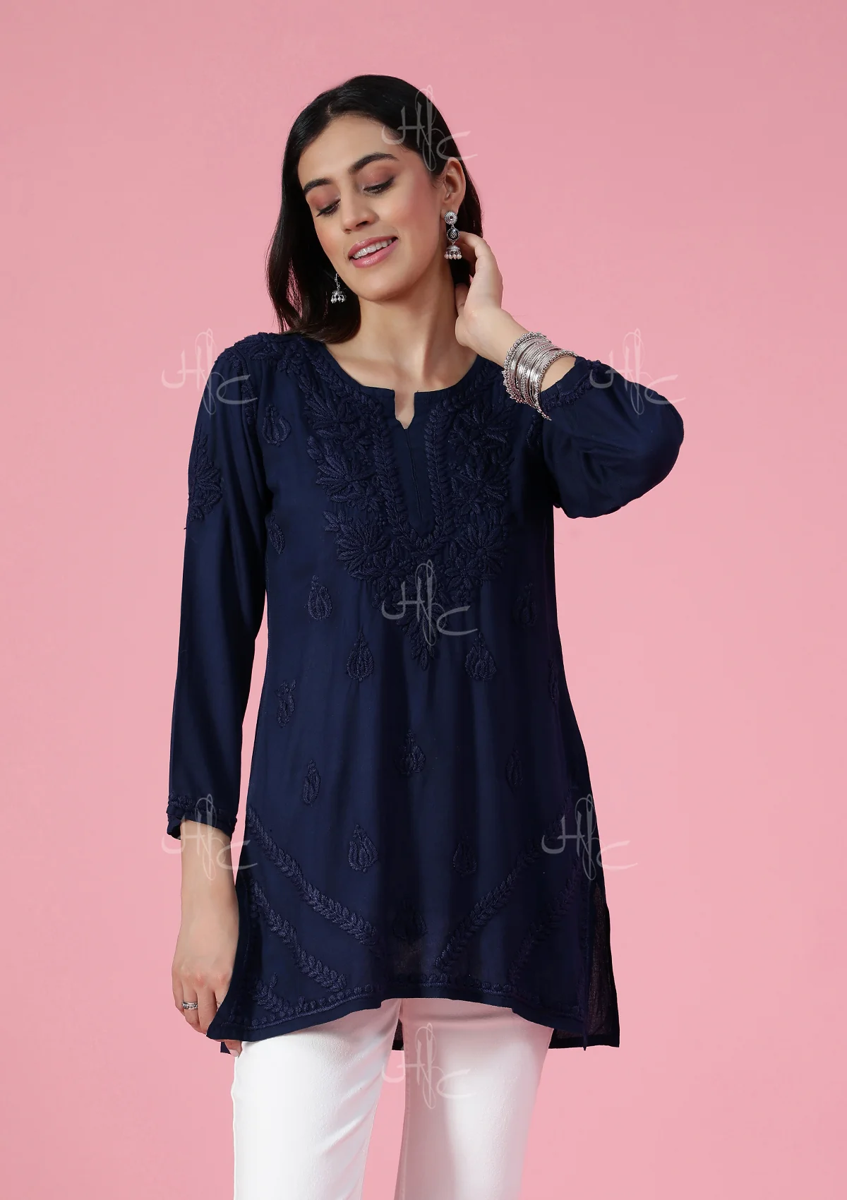 HOC Rayon Chikankari Solid Women's Short Kurta - Navy Blue - Healthber