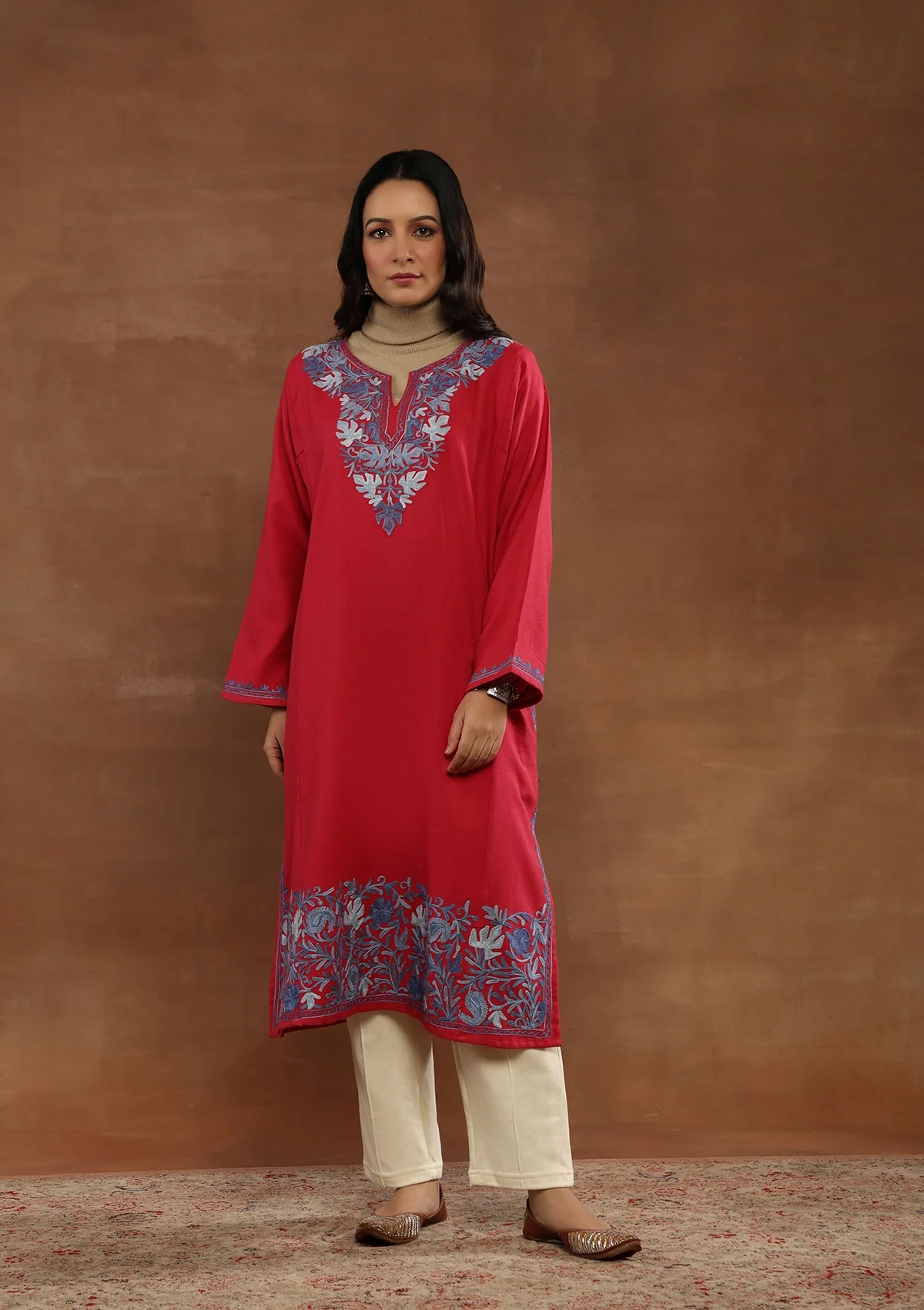 HOC Kashmiri Wool Aari Embroidered Solid Women's Phiran Kurta -Dark Pink - Healthber