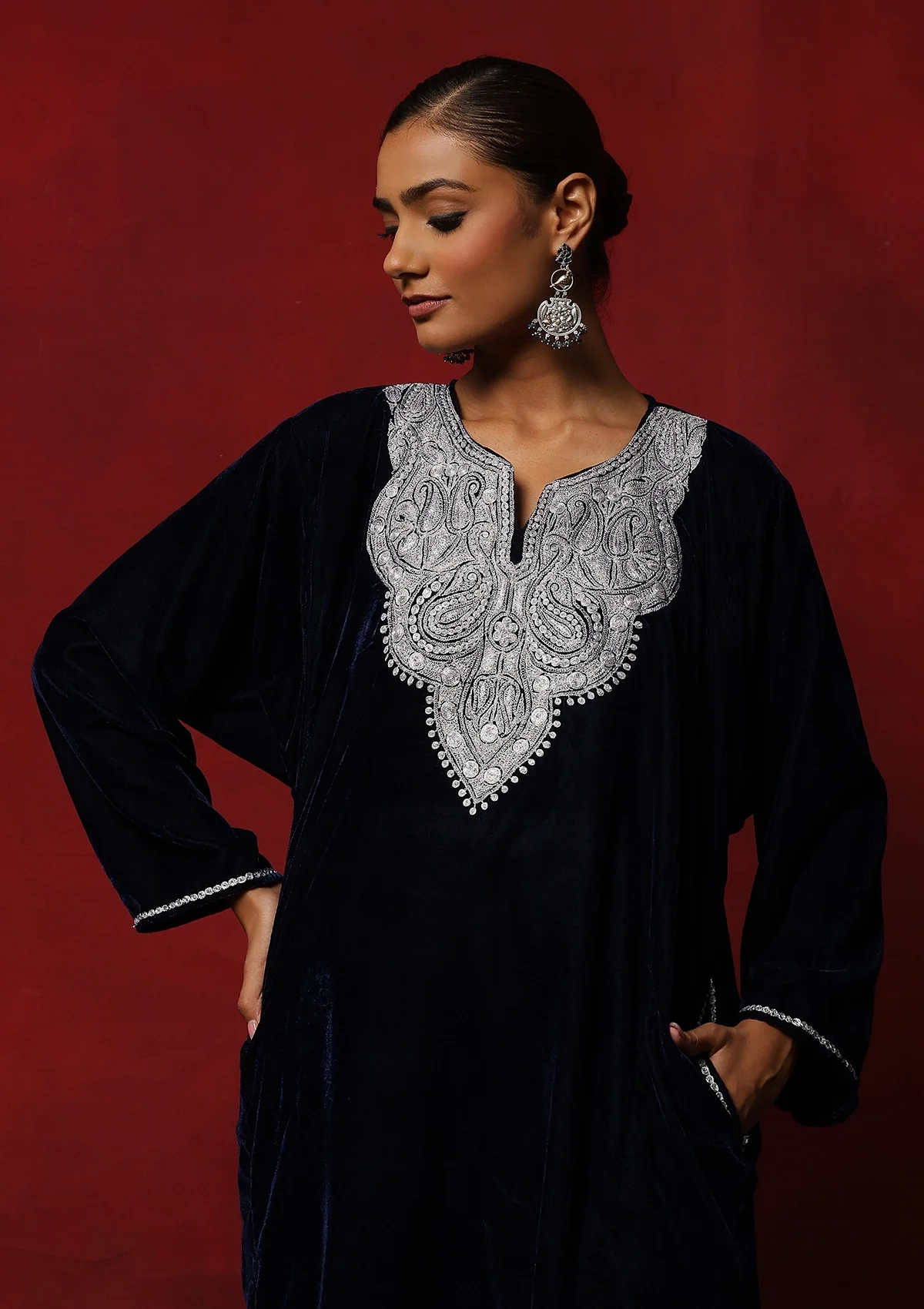 HOC Kashmiri Velvet Tilla Embroidered Solid Women's 2 PC Phiran Set -Navy Blue - Healthber