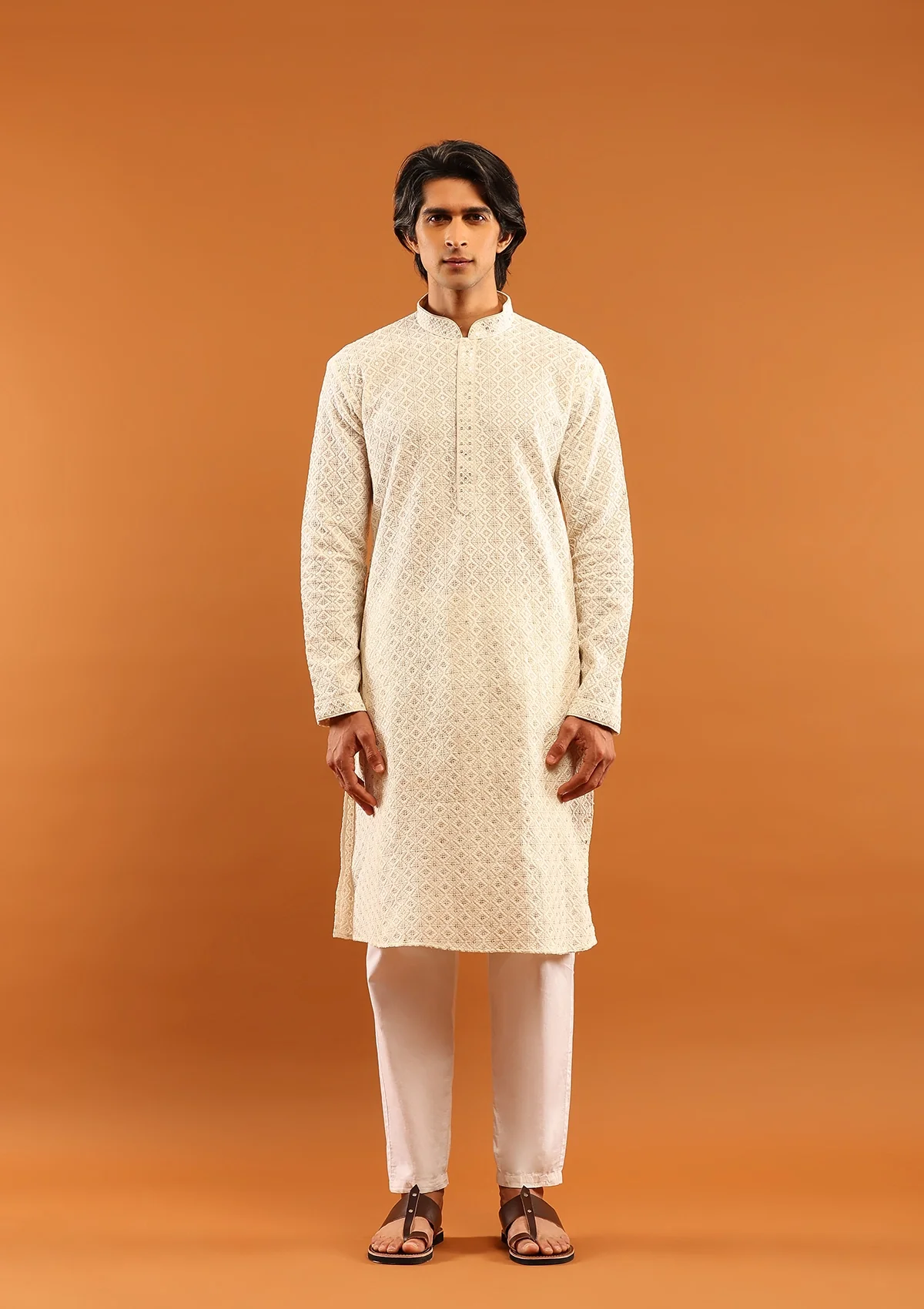 HOC Cotton Embroidered With Sequins Solid Men's Long Kurta- Cream - Healthber