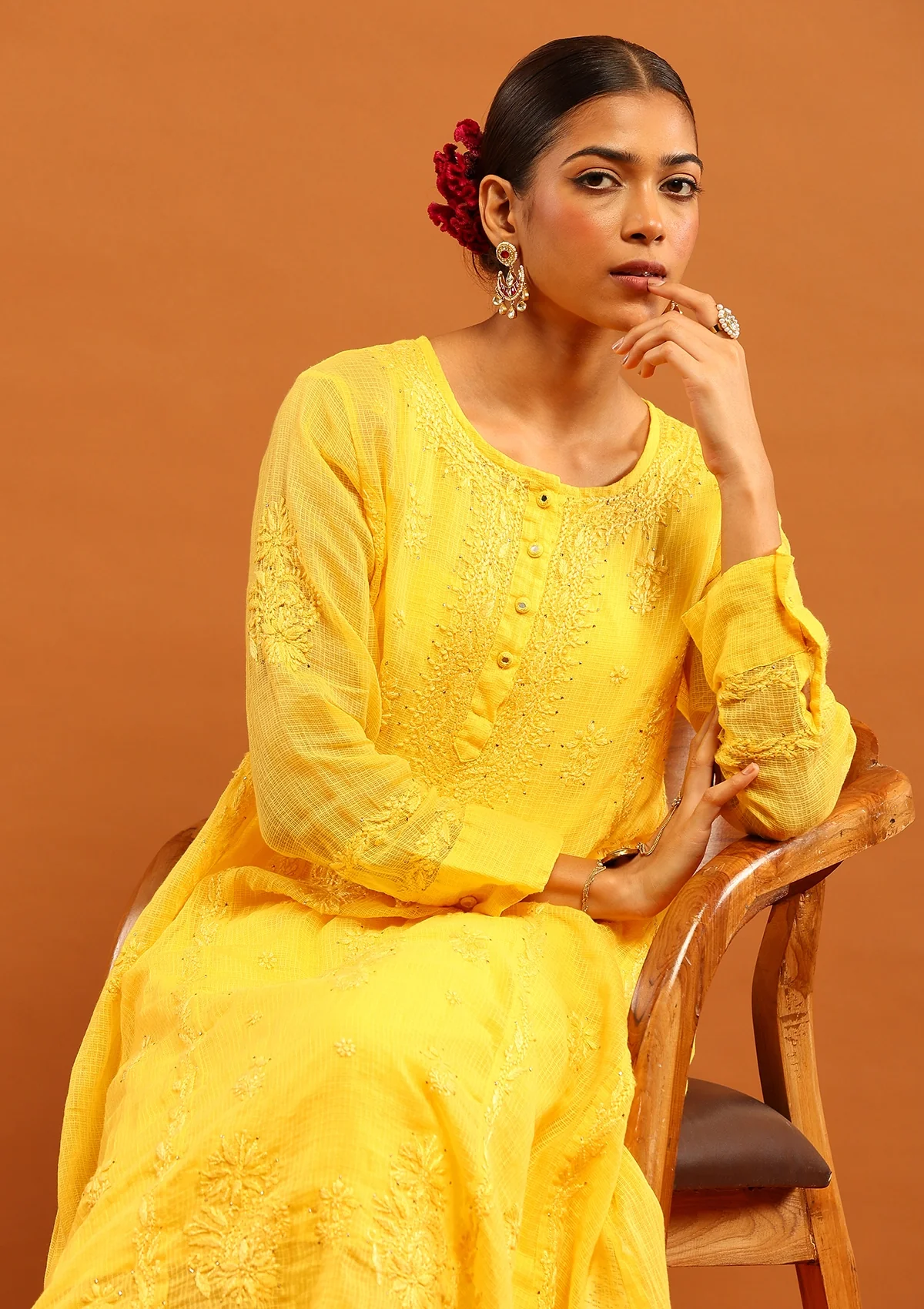 HOC Kota Chikankari Mukaish Work Solid Women's A-Line Kurta With Inner -Yellow - Healthber