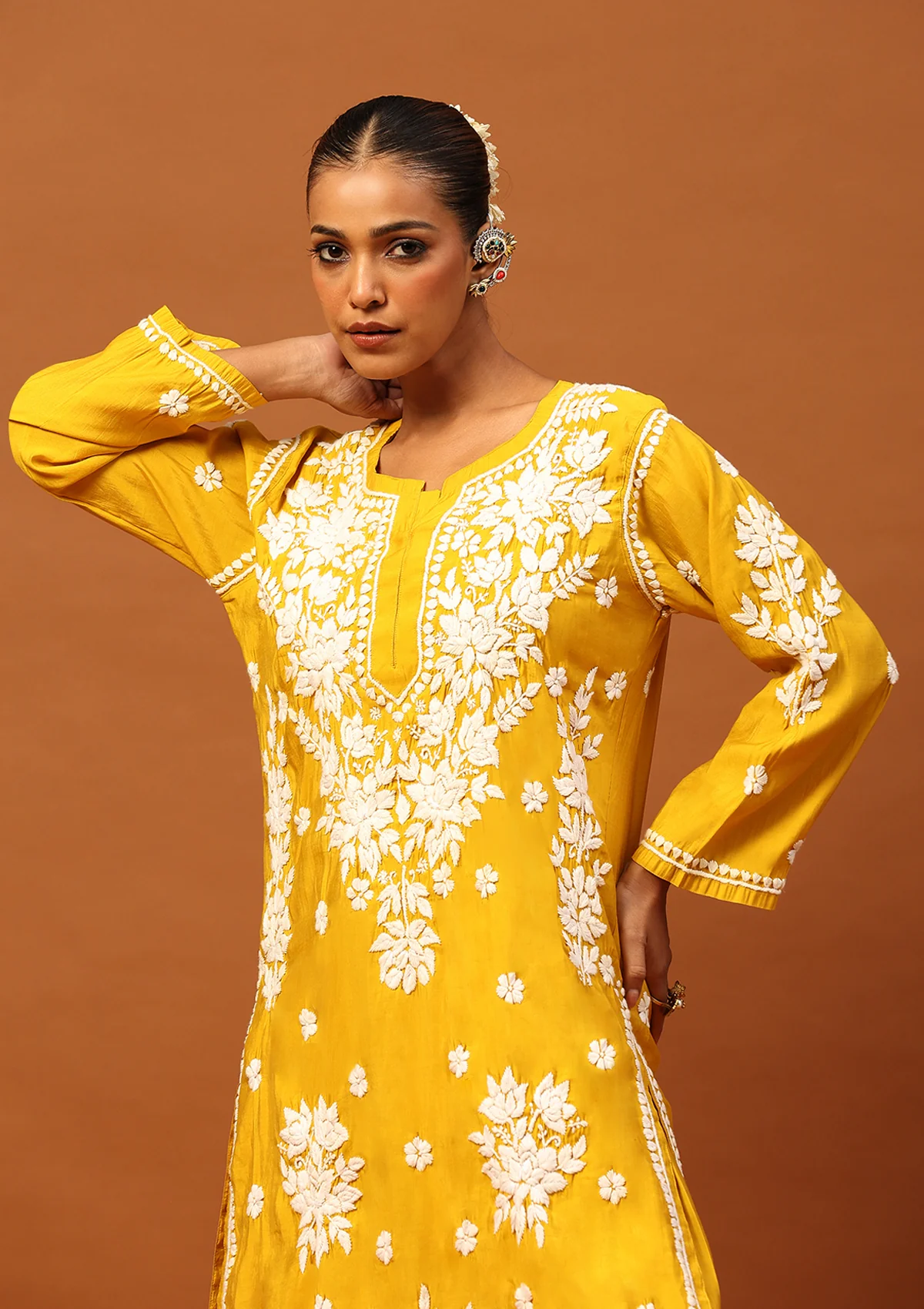 HOC Chanderi Chikankari Solid Women's 2 PC Long Kurta Set -Mustard - Healthber