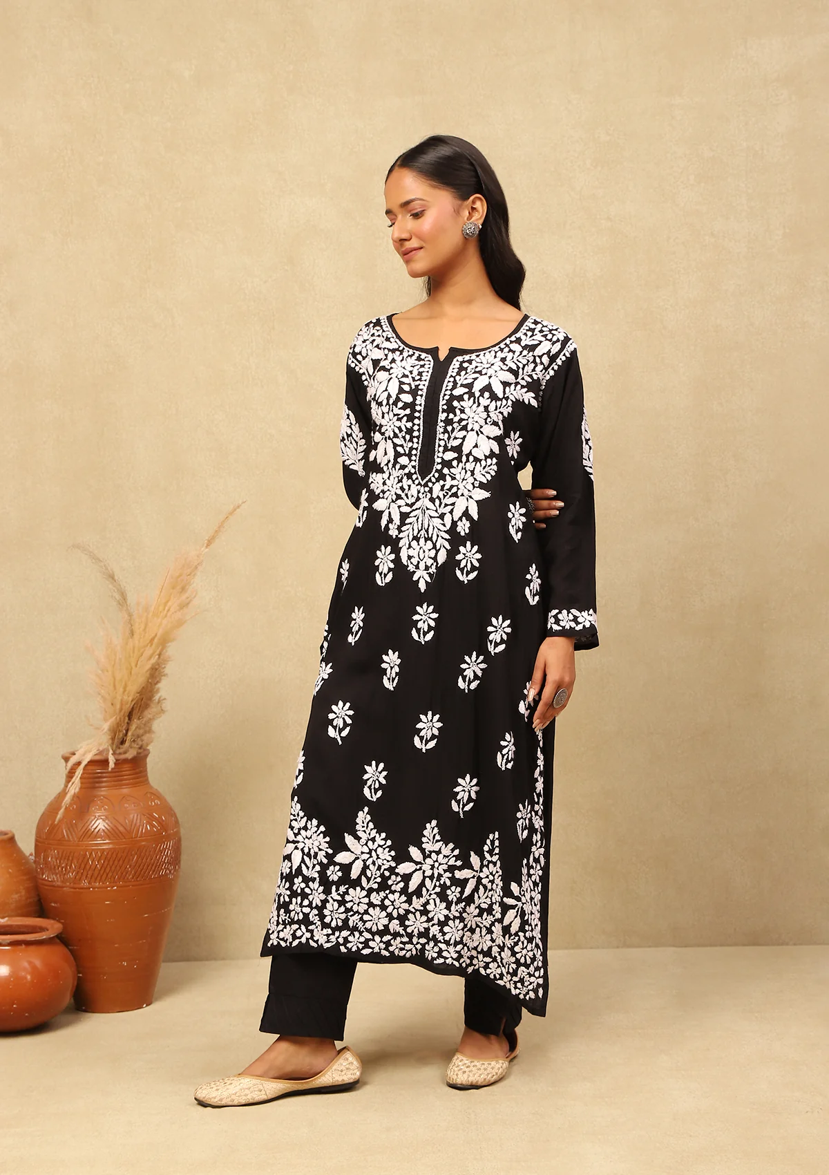 HOC Modal Chikankari Solid Women's Long Kurta -Black - Healthber