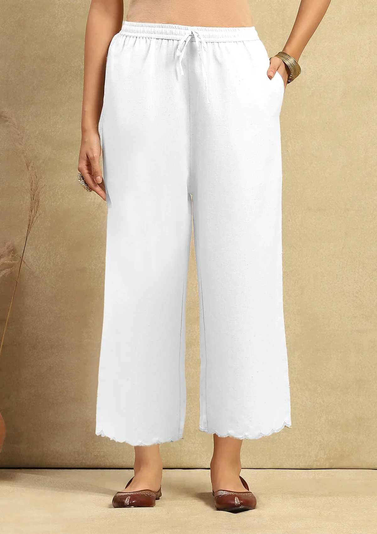 HOC Cotton Women's Solid Scalloped Culottes - White - Healthber