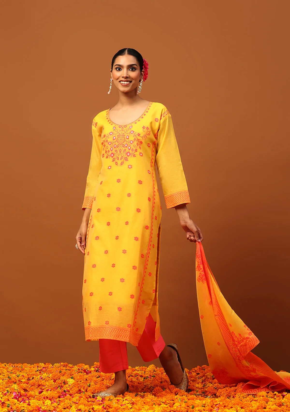 HOC Banarasi Chanderi Hand Weave Women's 3PC Long Kurta Set -Mustard - Healthber