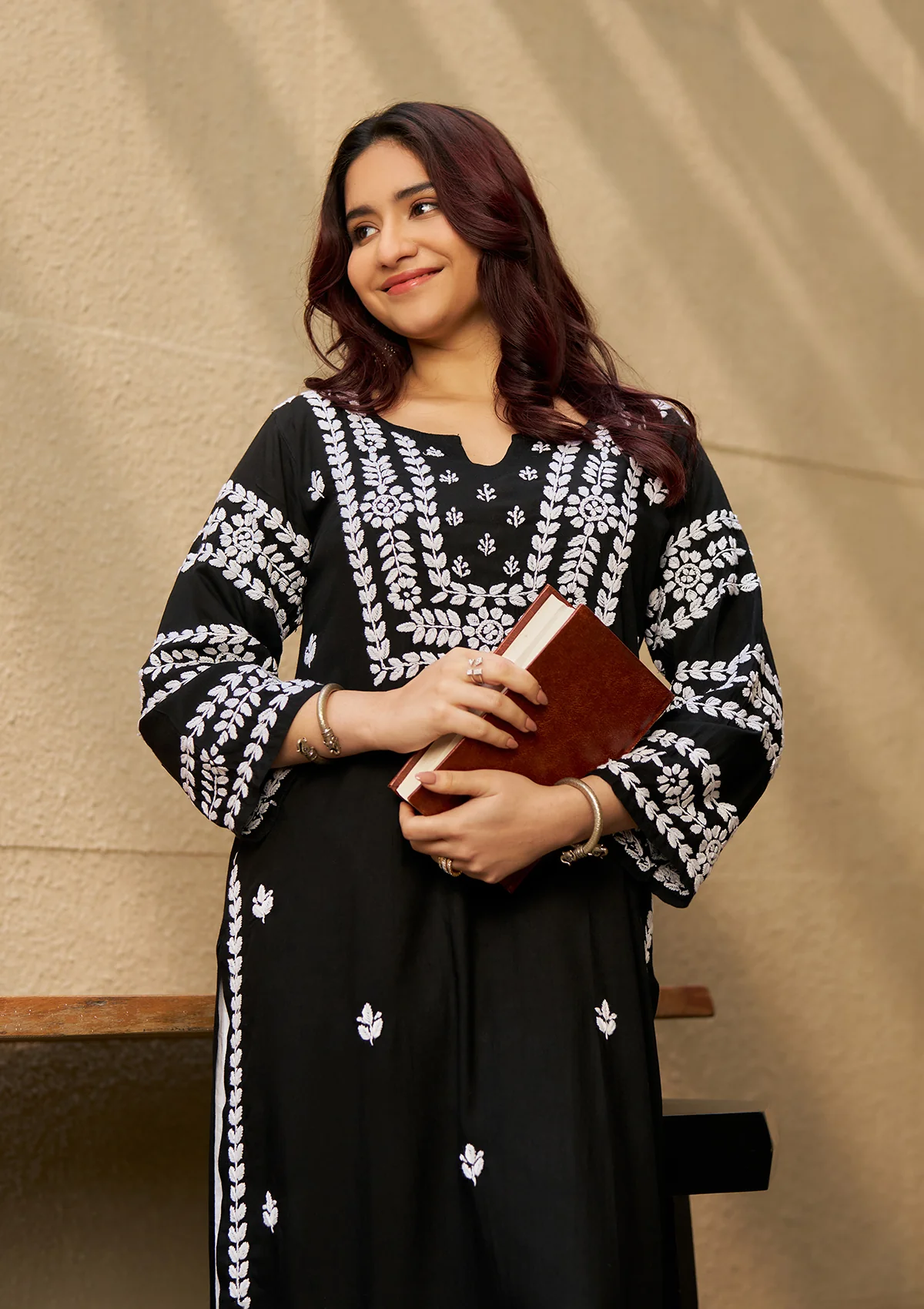 HOC Rayon Chikankari Solid Women's Long Kurta - Black - Healthber