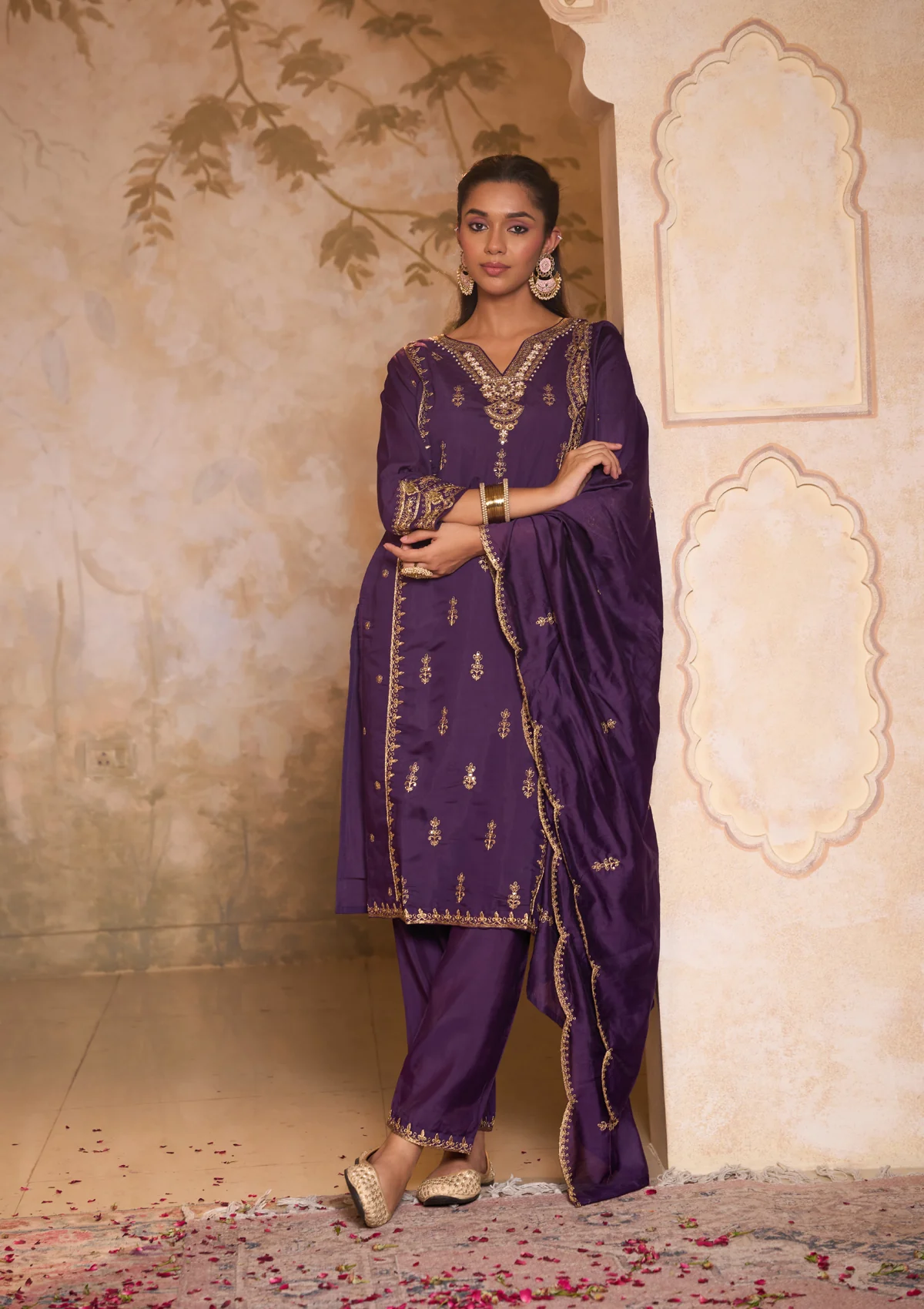 HOC Chanderi Blend Embroidered Zardozi Solid Women's 3 PC Long Kurta Set-Purple - Healthber