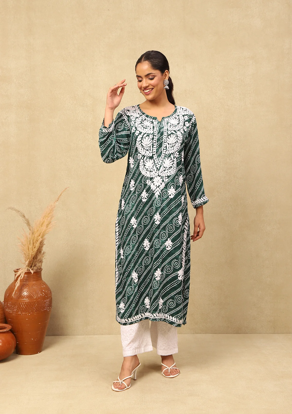HOC Rayon Chikankari Bandhani Printed Women's Long Kurta-Green - Healthber