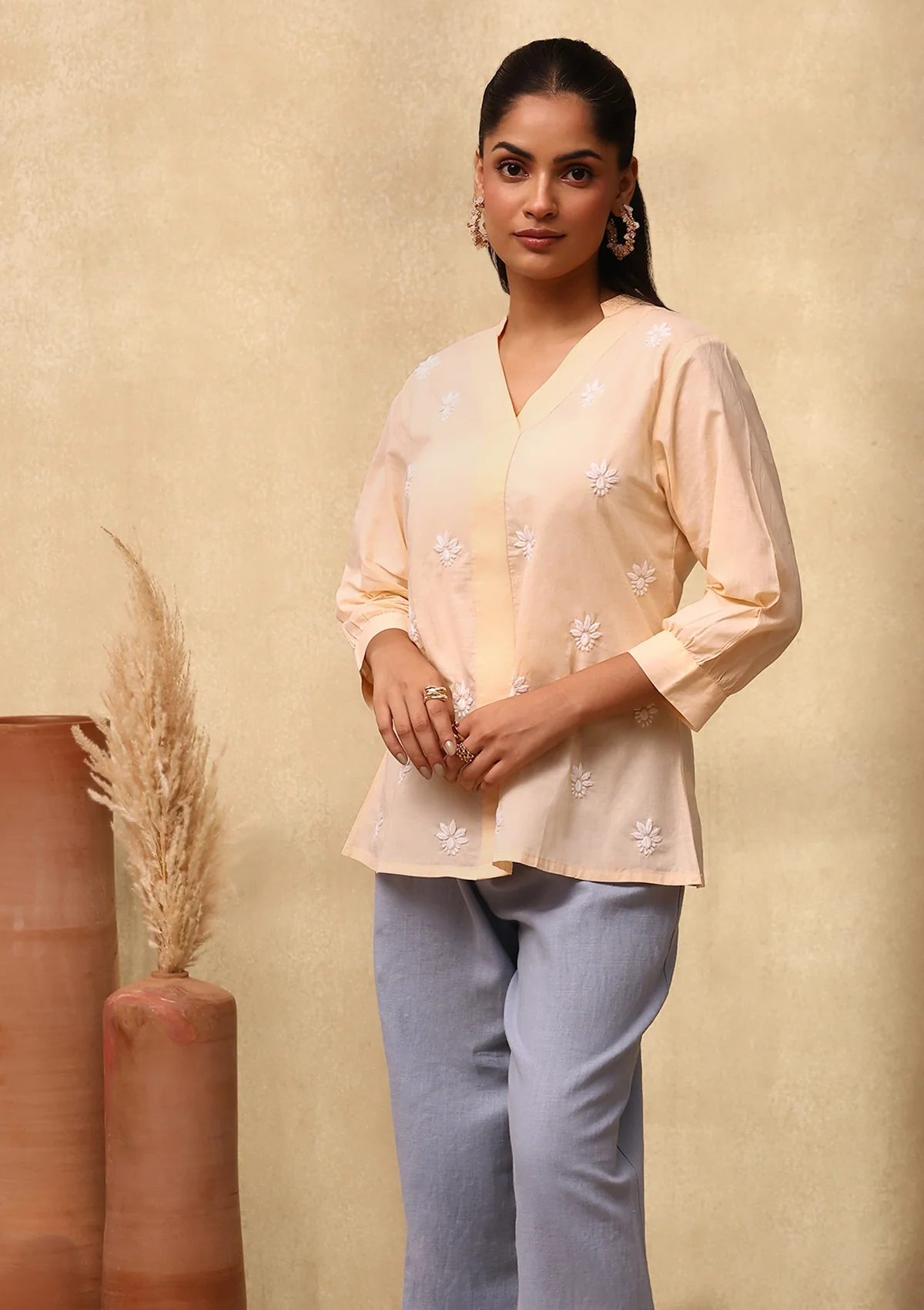 HOC Cotton Chikankari Solid Women's Top - Beige - Healthber