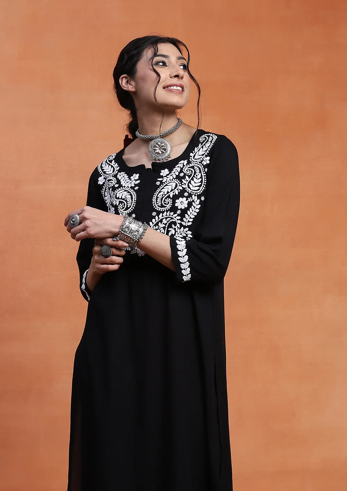 HOC Rubaab Chikankari Rayon Straight Kurta Set - Black - Healthber