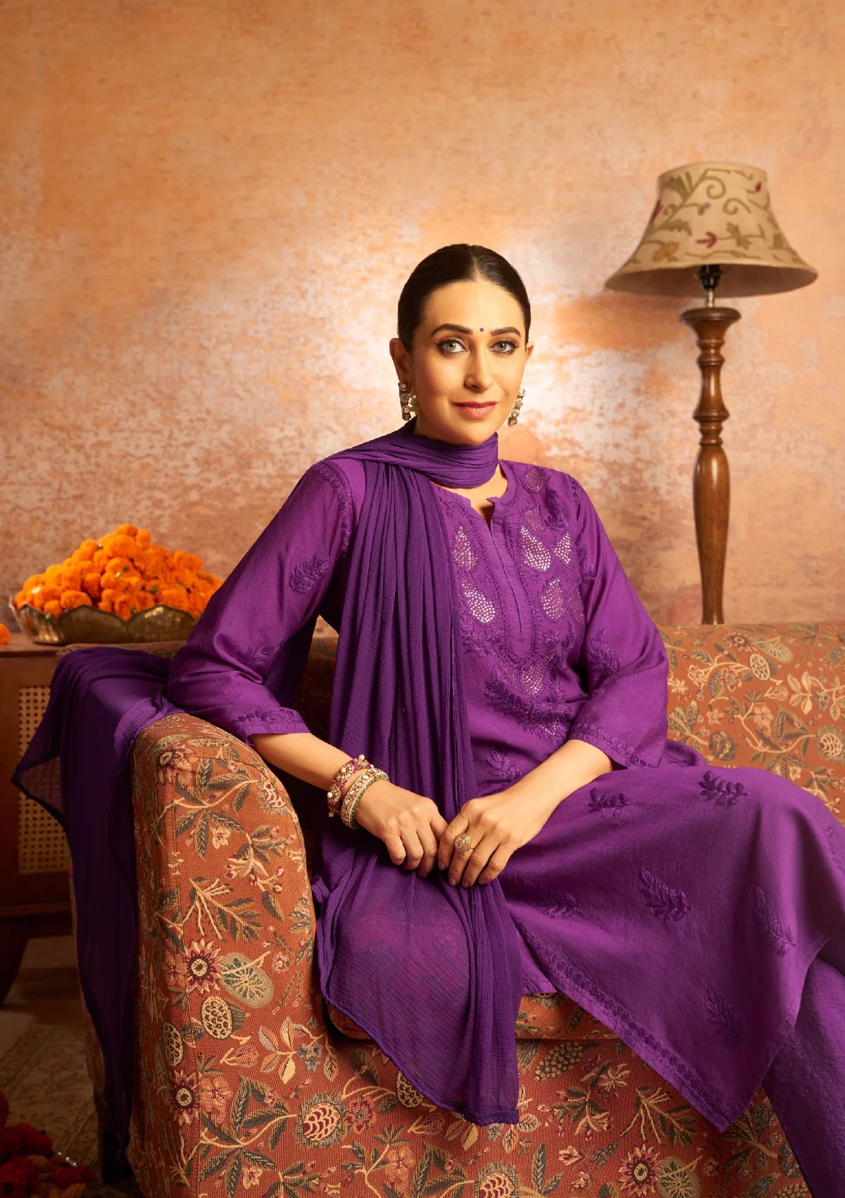 Karisma Chanderi Chikankari with Mukaish Solid Women's 2 PC Long Kurta Set- Purple - Healthber