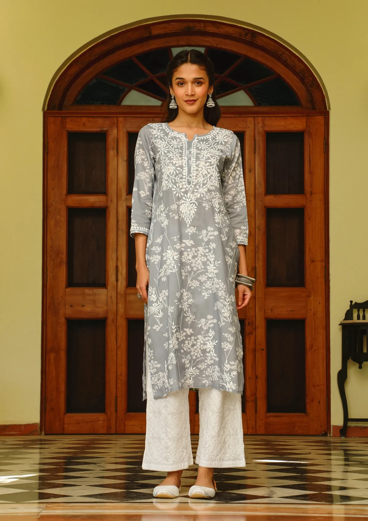 HOC Zainab Chikankari Mulmul Printed Straight Kurta -Grey - Healthber