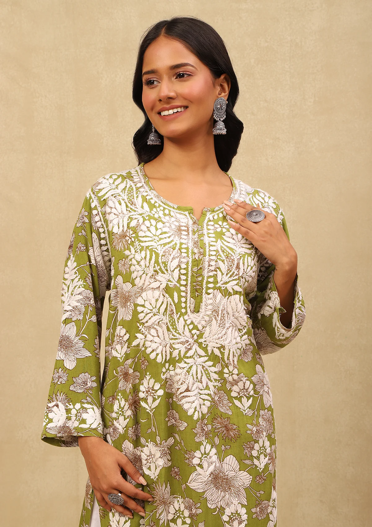 HOC Rayon Chikankari Printed Women's Long Kurta -Green - Healthber