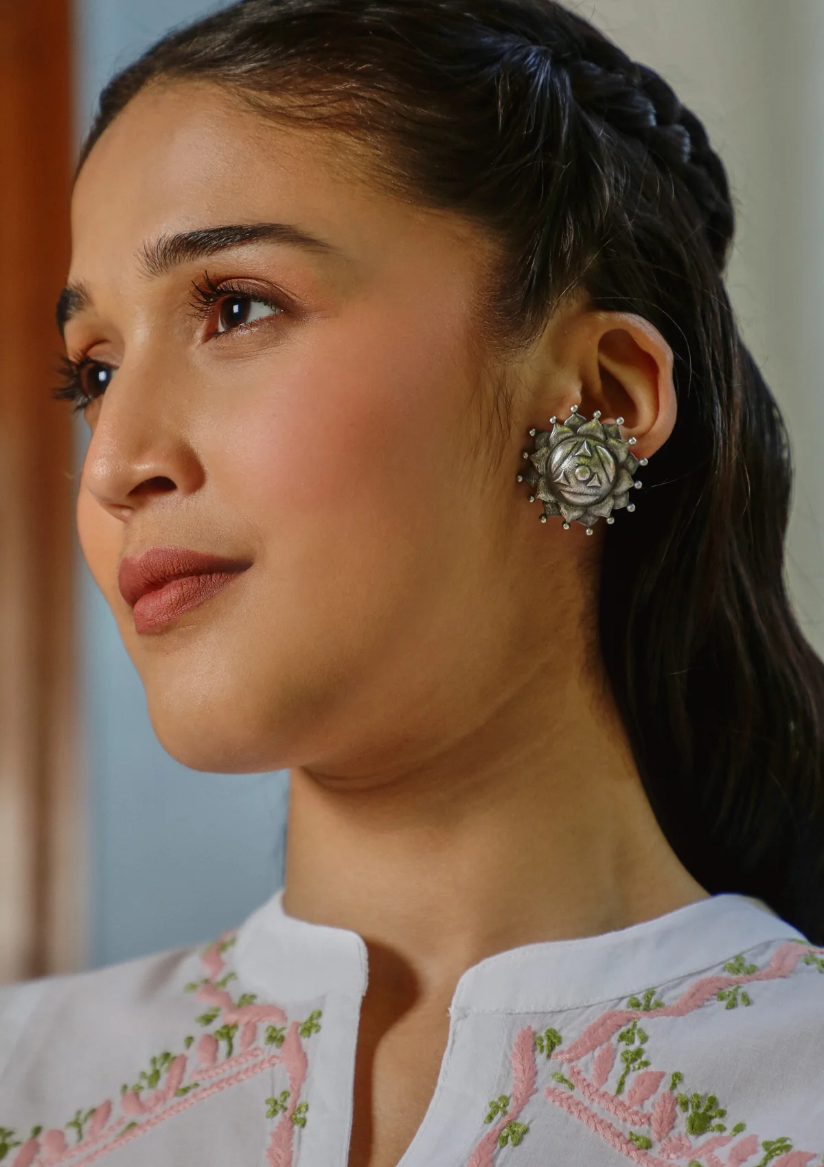 HOC Silver Tone Handcrafted Embossed Stud Earrings - Healthber