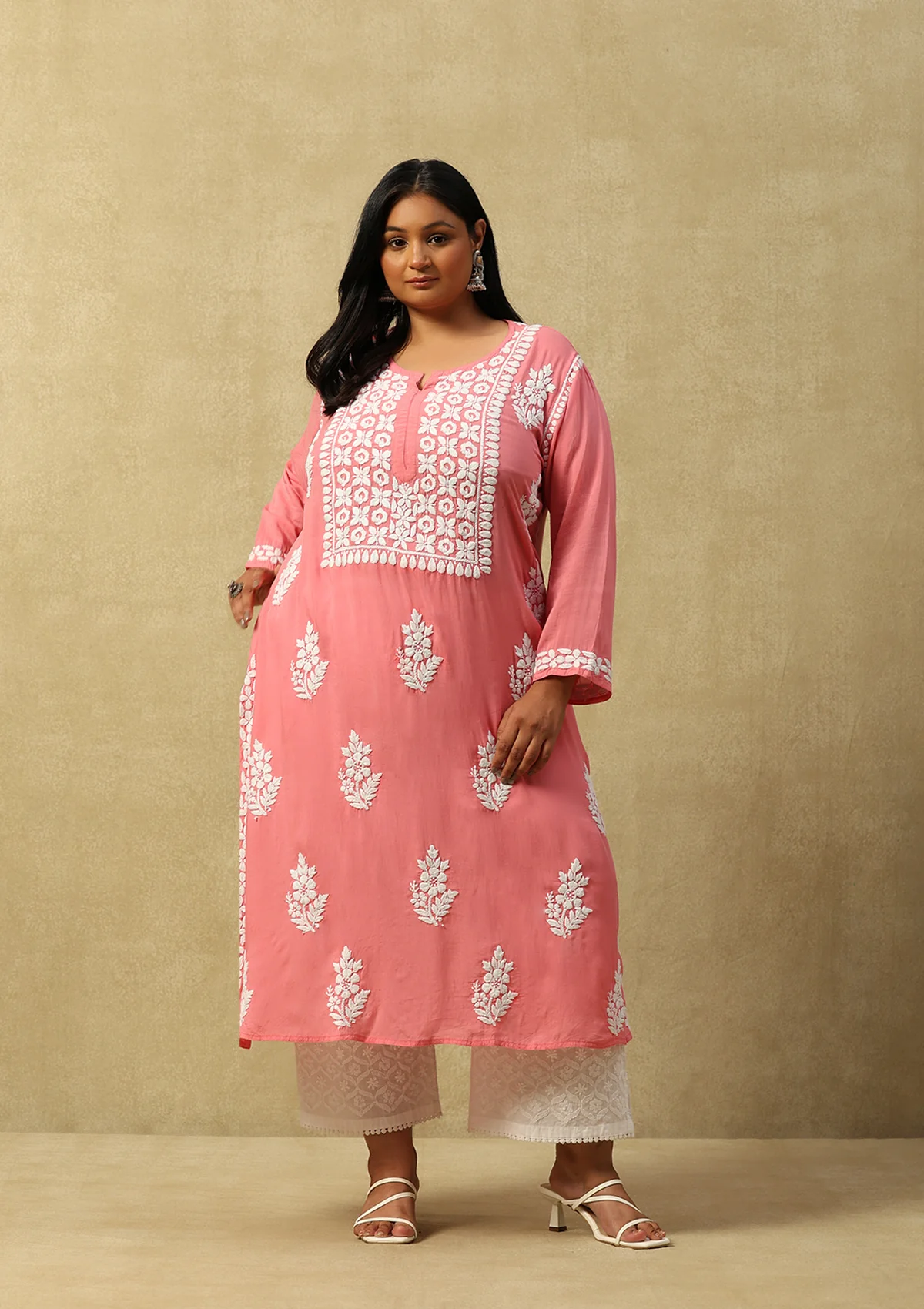 HOC Modal Chikankari Solid Women's Long Kurta -Pink - Healthber
