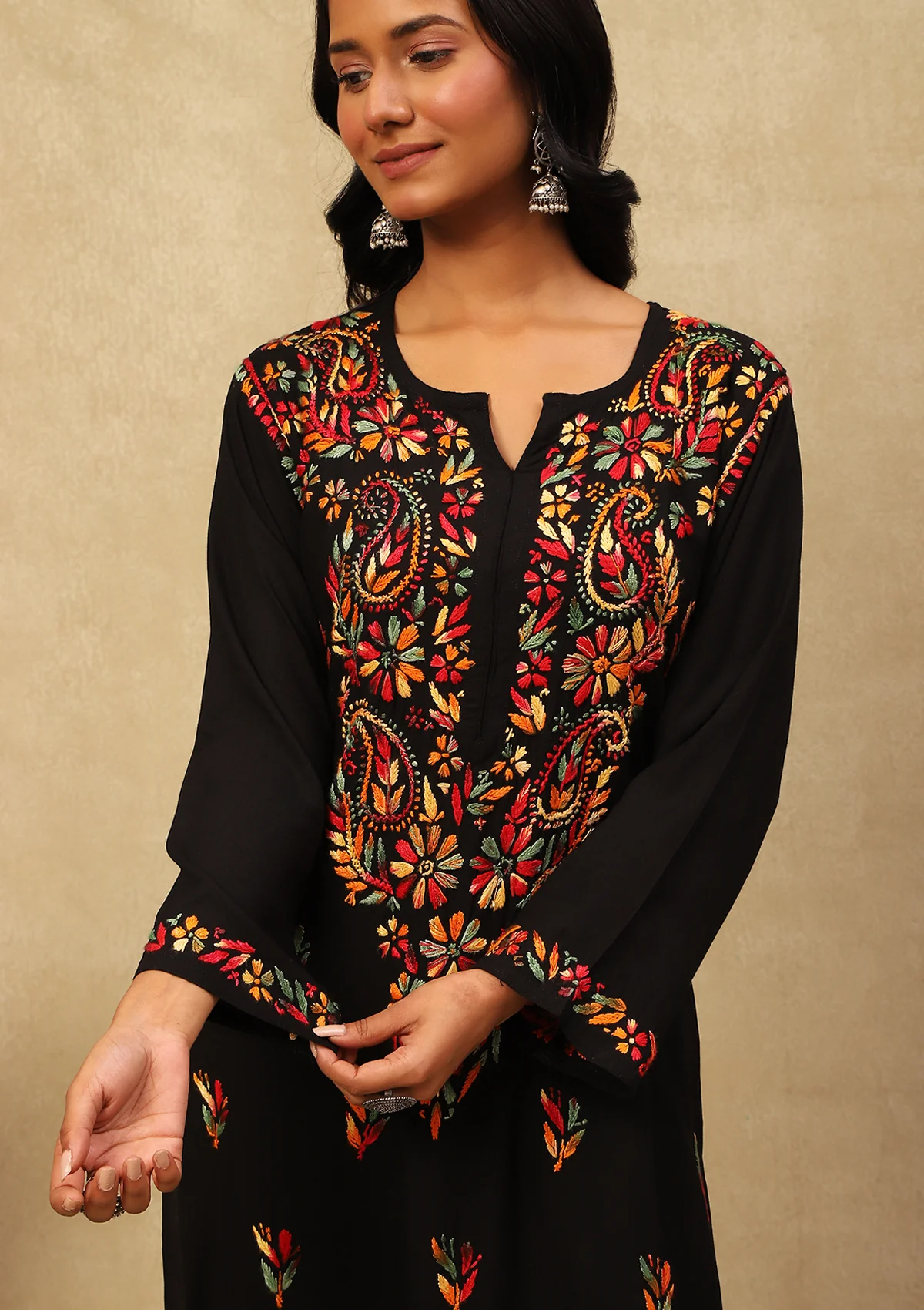 HOC Rayon Chikankari Solid Women's Long Kurta -Black - Healthber