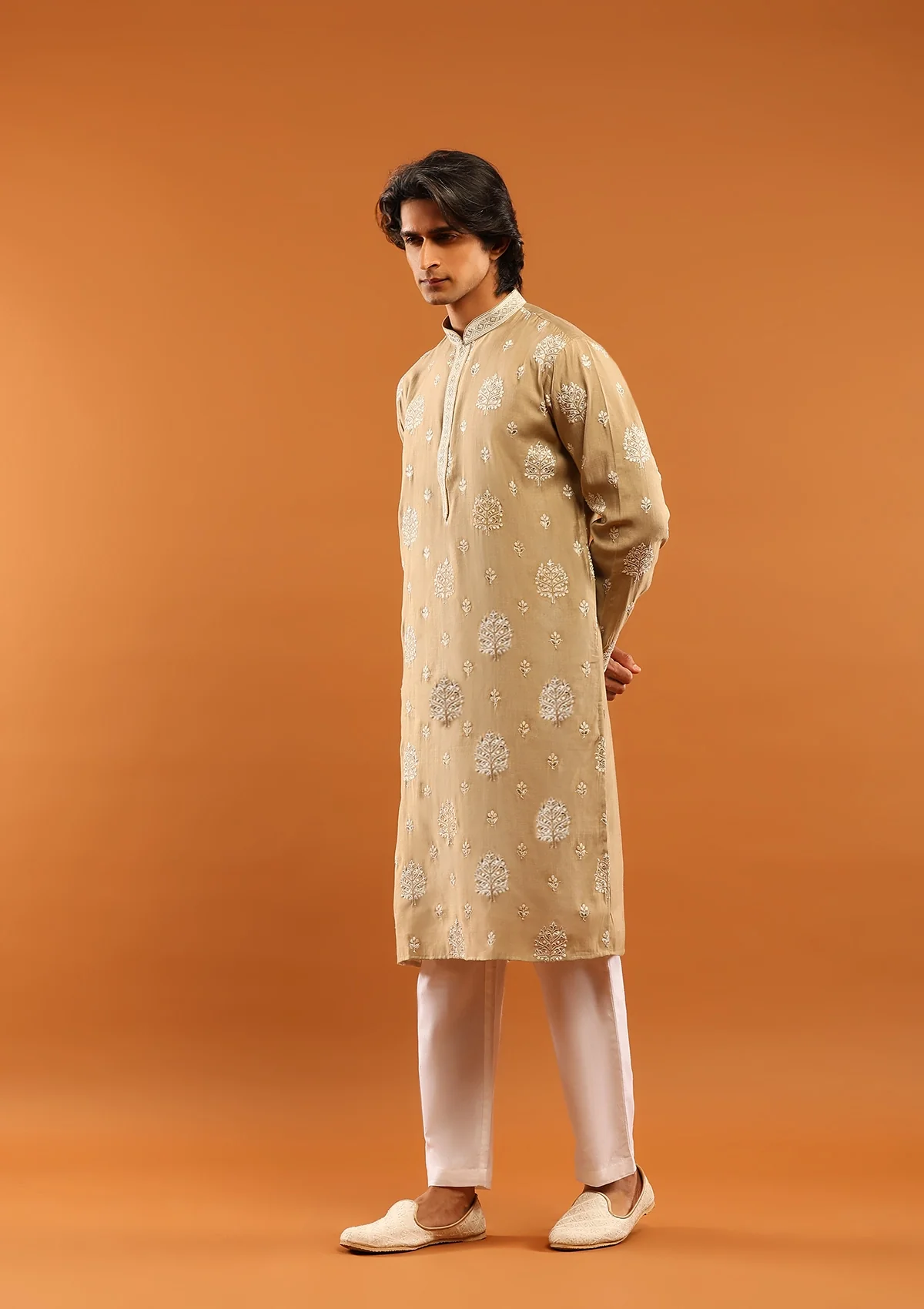 HOC Poly Silk Zari Embroidered Solid Men's Long Kurta- Beige - Healthber
