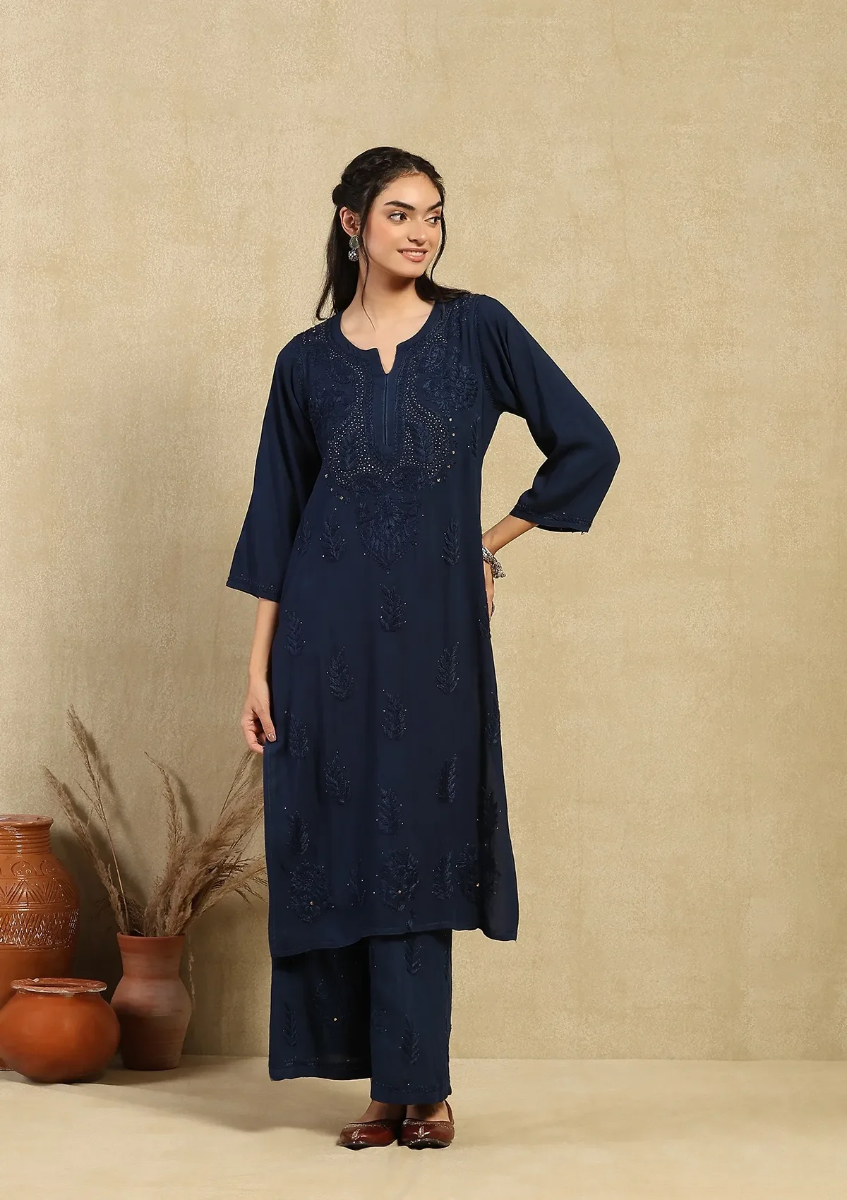 HOC Rayon Chikankari Mukaish Solid Women's 2PC Long Kurta Set -Navy Blue - Healthber