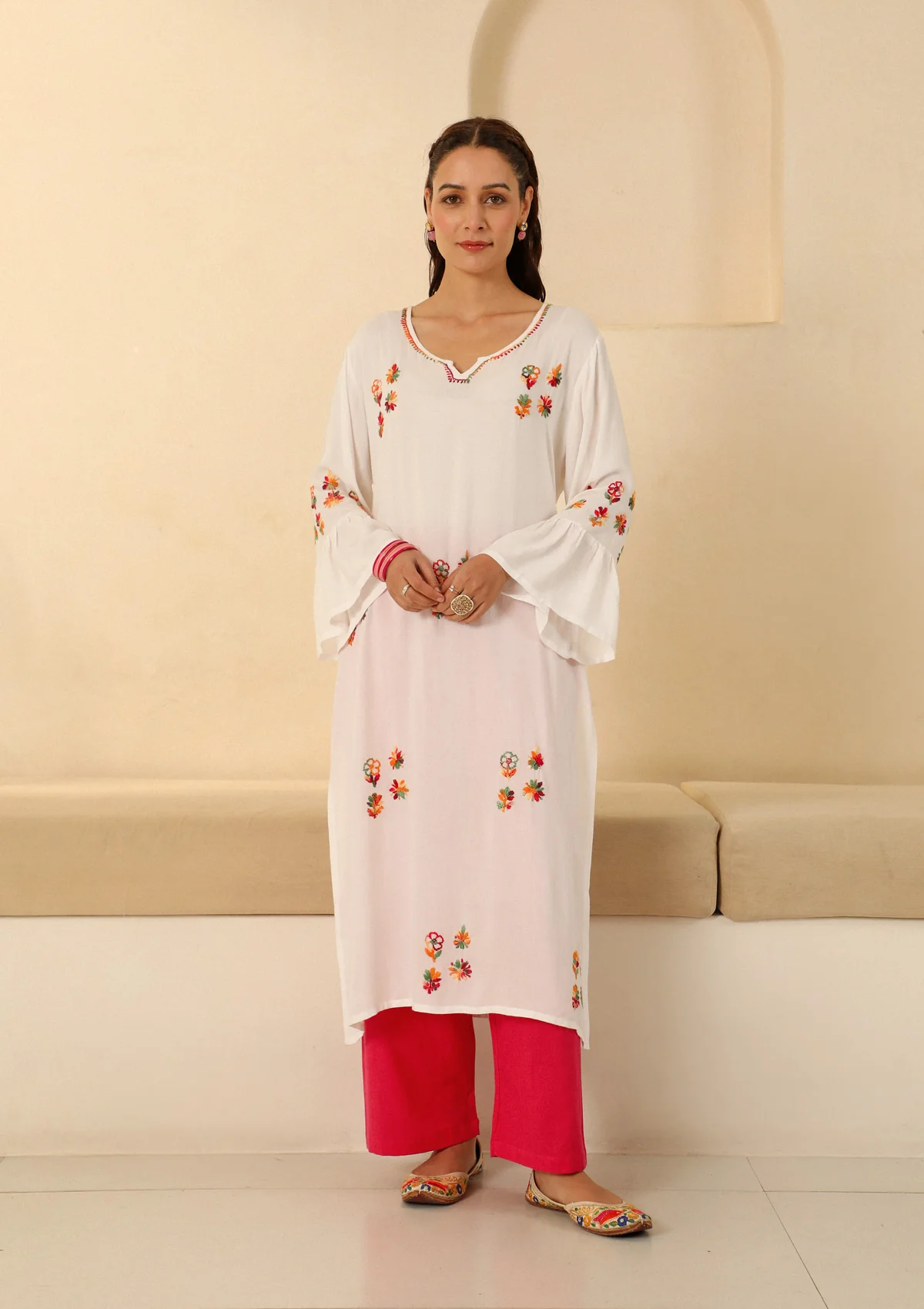HOC Rayon Chikankari Solid Women's long kurta - White - Healthber
