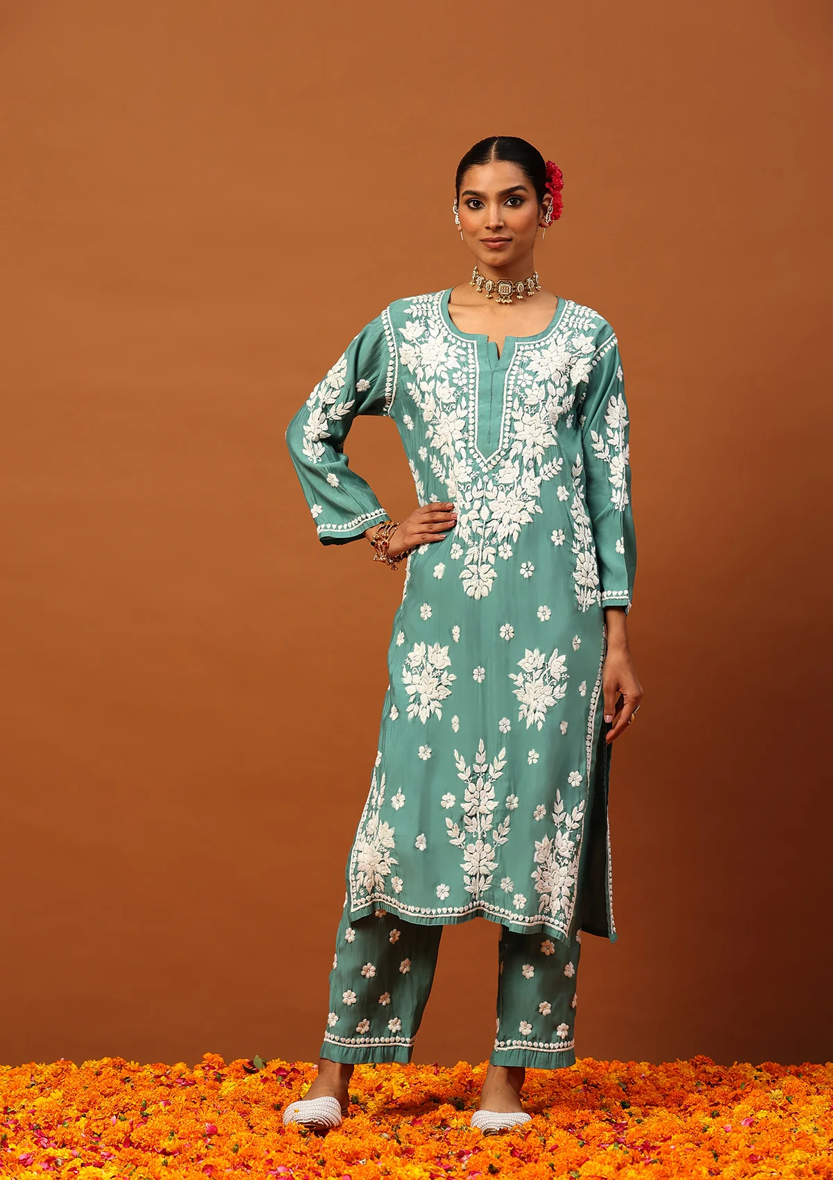 HOC Chanderi Chikankari Solid Women's 2 PC Long Kurta Set -Teal Green - Healthber