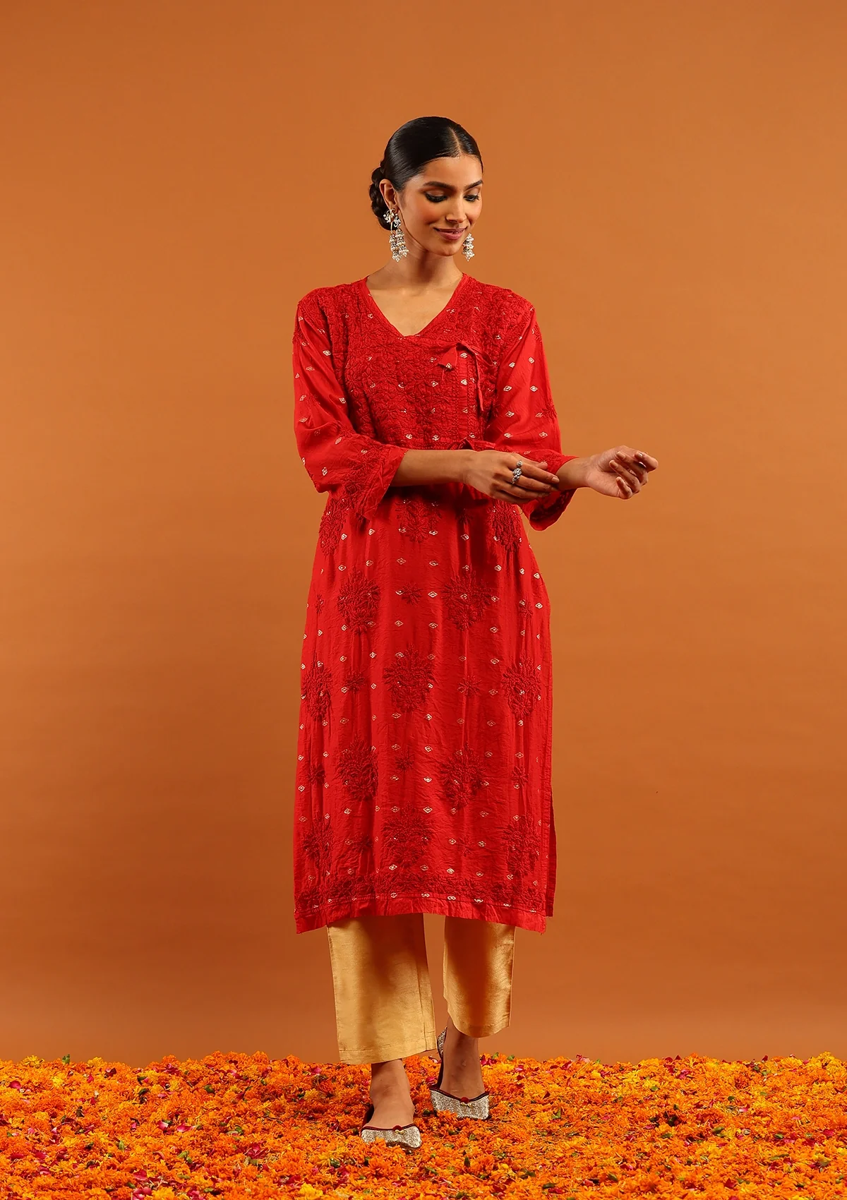 HOC Banarasi Chanderi Chikankari Solid Women's Long Angrakha Kurta-Red - Healthber