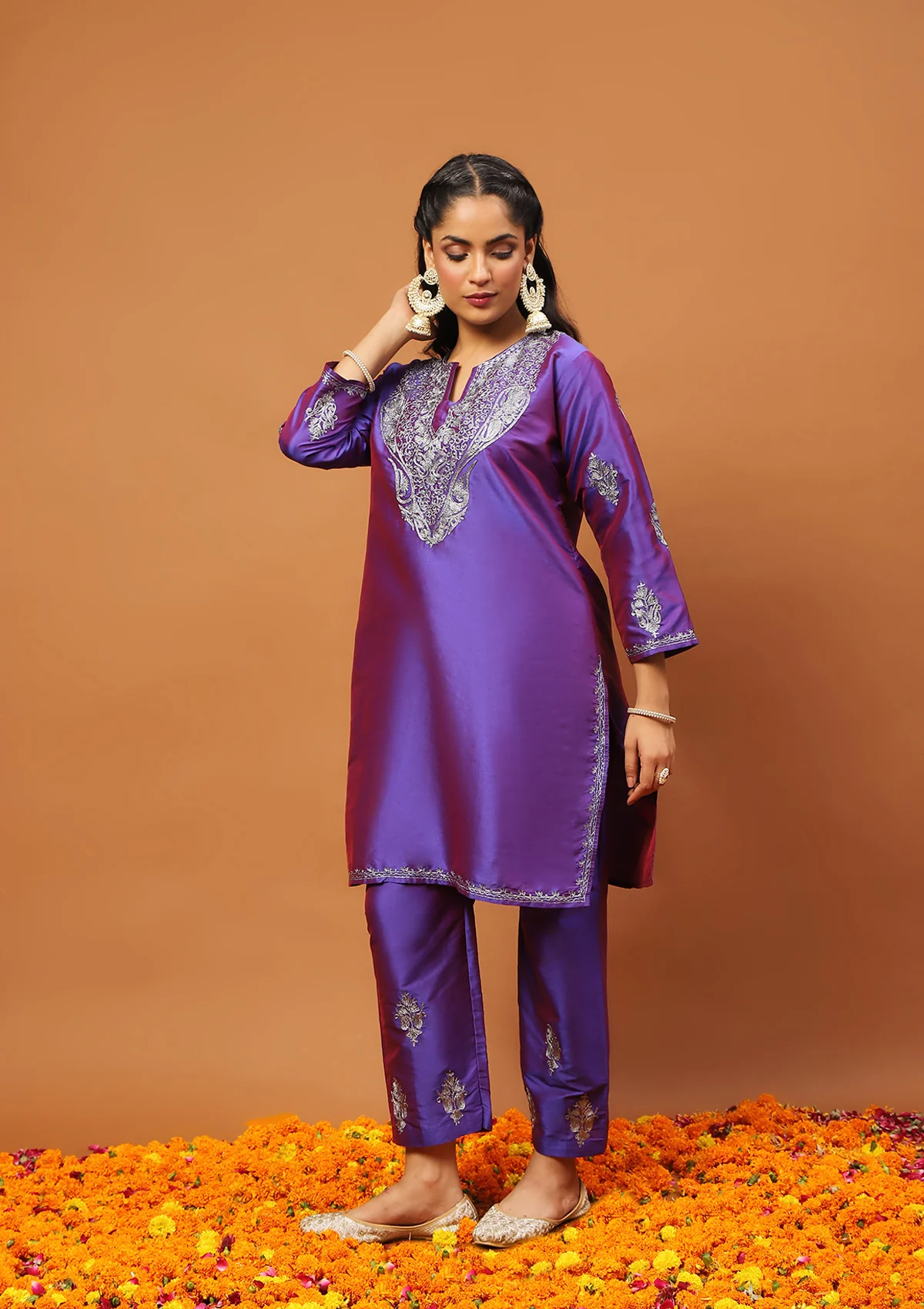 HOC Art Silk Embroidered Zari Solid Women's 2 PC Knee Length Kurta Set - Purple - Healthber