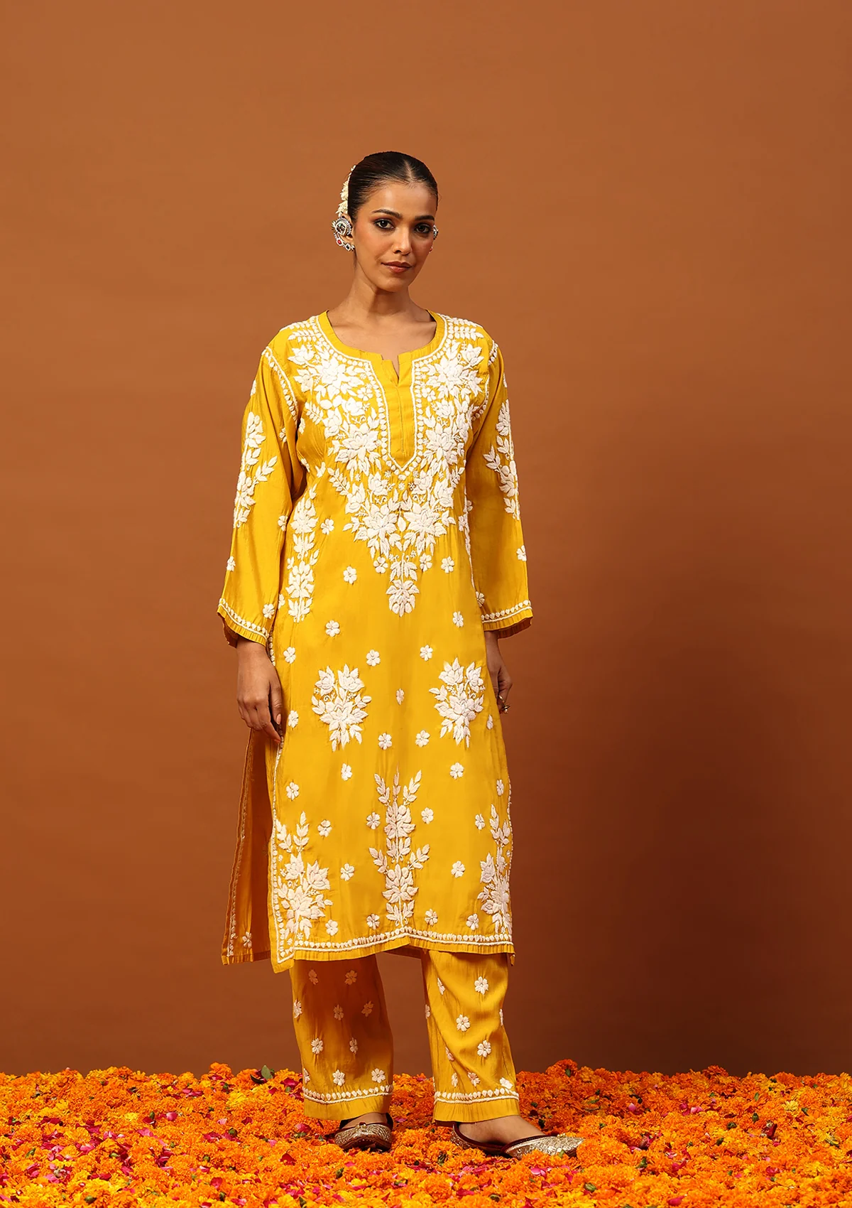 HOC Chanderi Chikankari Solid Women's 2 PC Long Kurta Set -Mustard - Healthber
