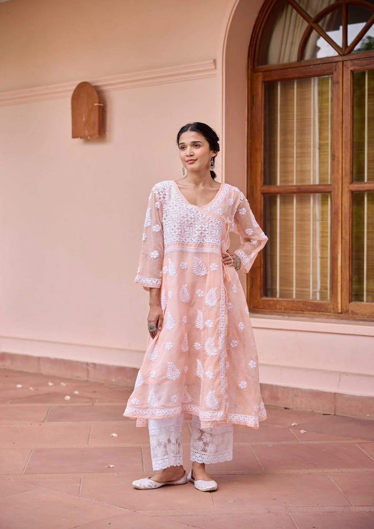 HOC Nazakat Kota Chikankari  Solid Women's Angrakha With Inner - Peach - Healthber