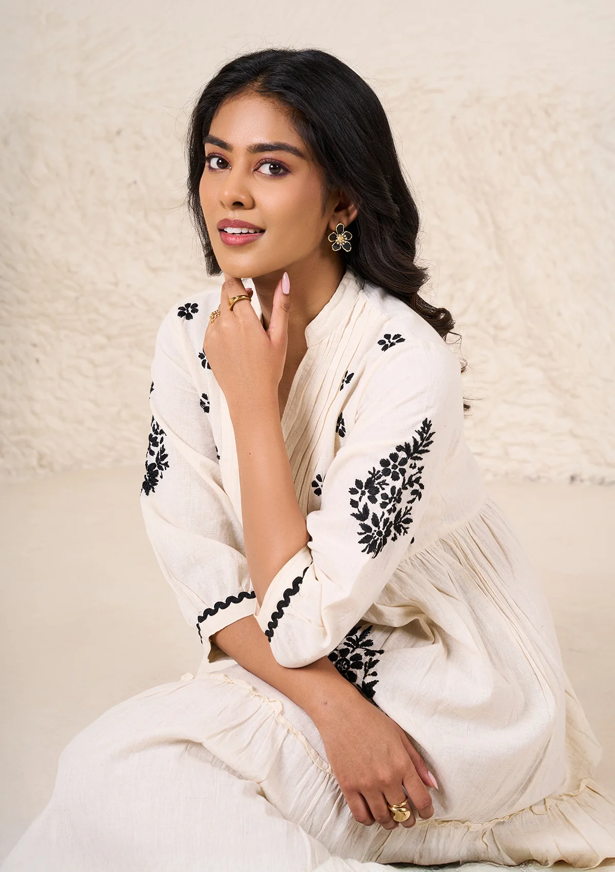 HOC Cotton Linen Blend Chikankari Solid Women's Long Dress - Off White - Healthber