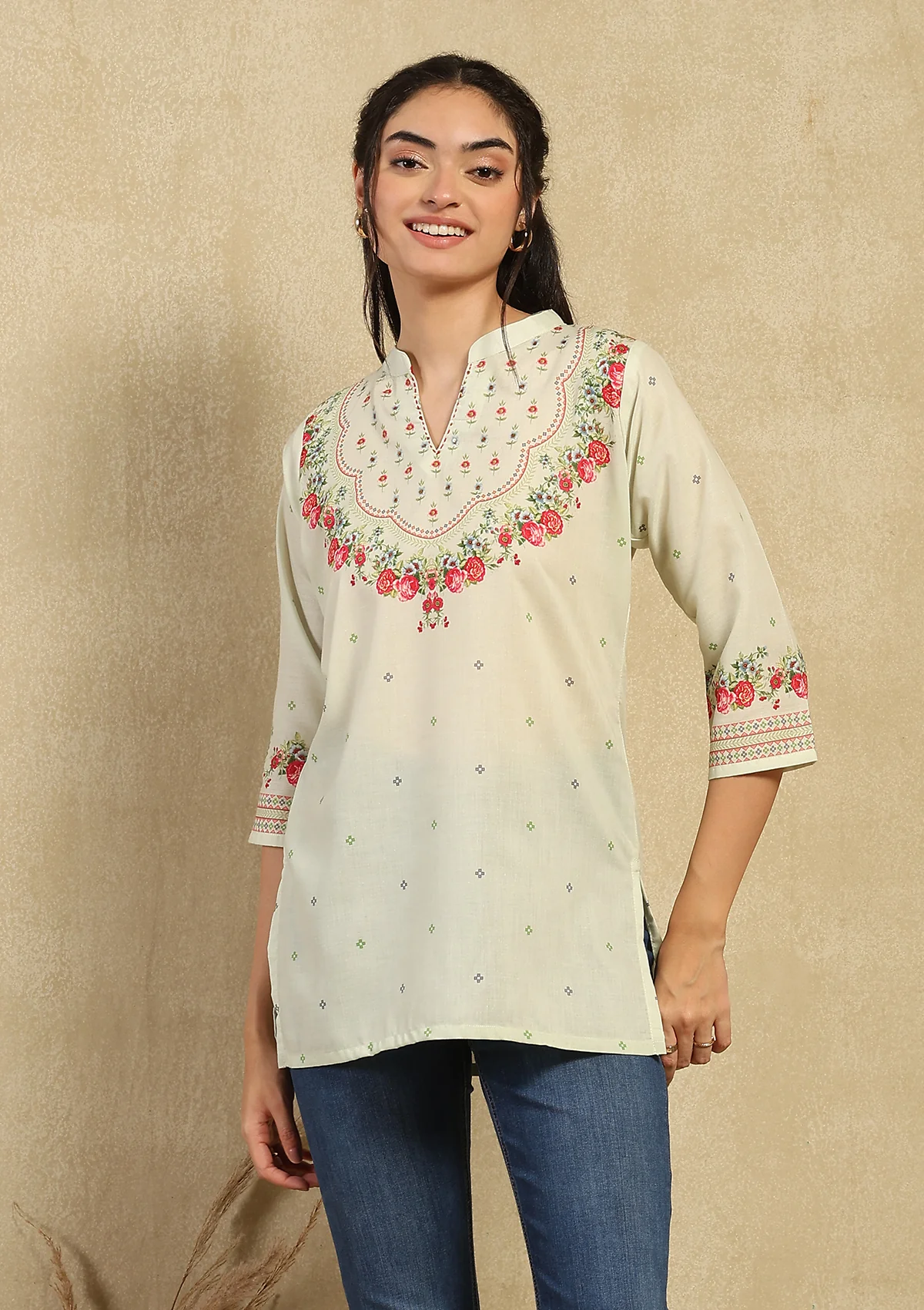 HOC Kantha Hand Embellished Cotton Blend Printed Women's Short Kurta - Pista Green - Healthber