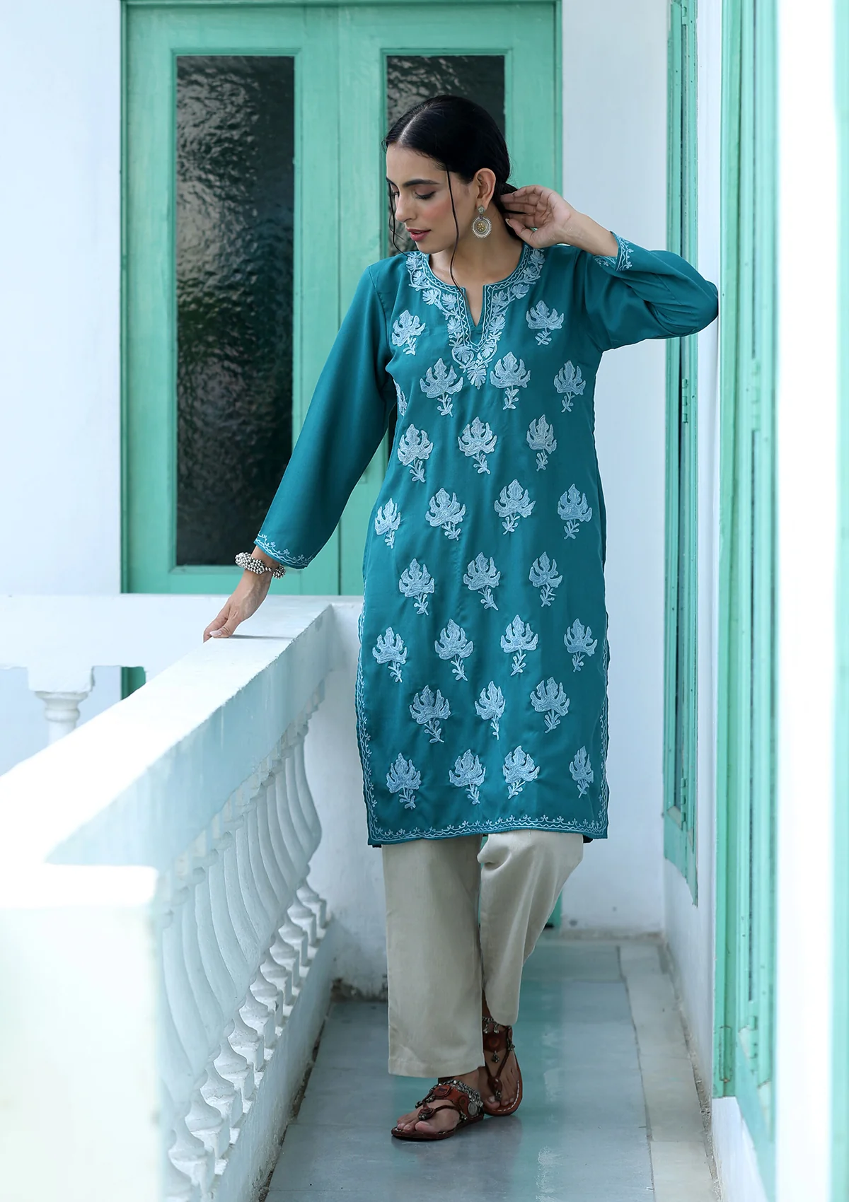 HOC Aari Embroidered Cotton Solid Women's Long Kurta - Green - Healthber