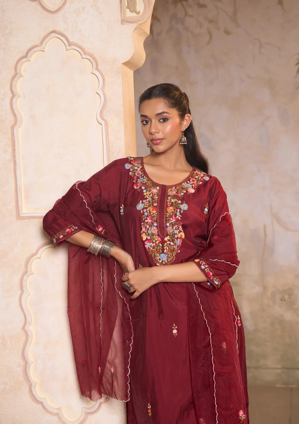 HOC Chanderi Blend Hand Embroidery With Sequins Solid Women's 3 PC Long Kurta Set-Maroon - Healthber