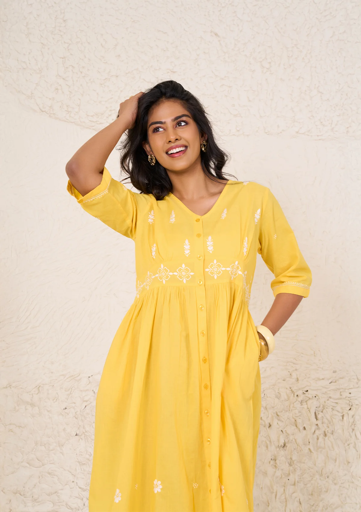 HOC Cotton Cambric Chikankari Solid Women's Long Dress -Yellow - Healthber