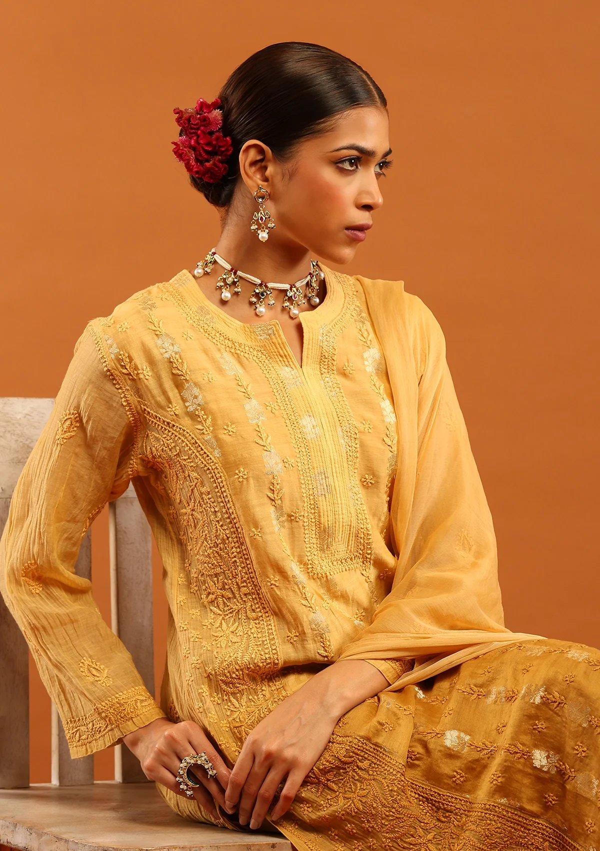 HOC Banarasi Mul Chanderi Chikankari Solid Women's 4 PC Straight Kurta Set - Yellow - Healthber