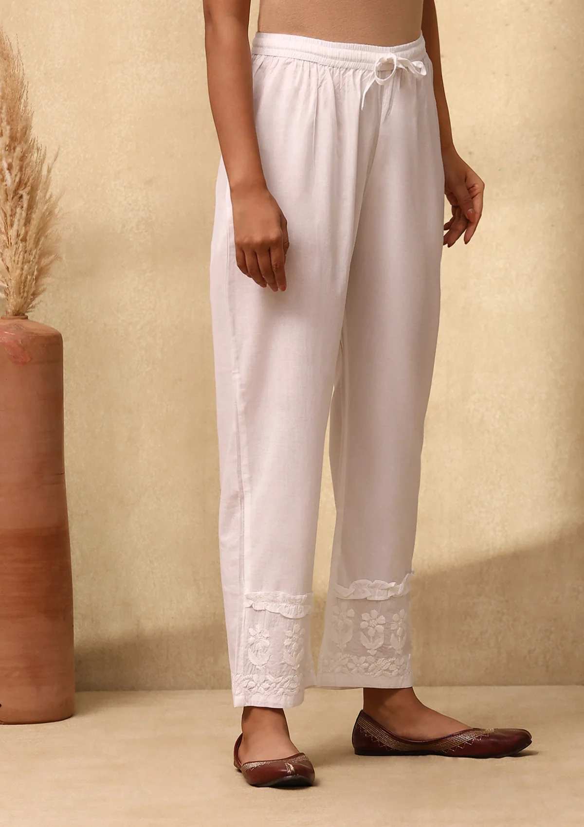 HOC Cotton Cambric Chikankari Solid Women's Pant - White - Healthber