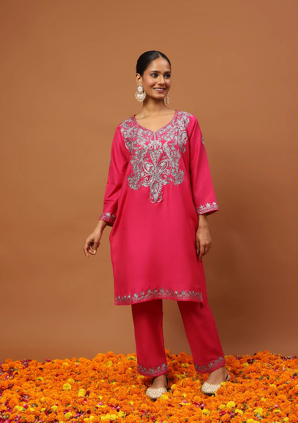 HOC Art Silk Embroidered Zari Solid Women's 2 PC Knee Kurta Set - Magenta - Healthber