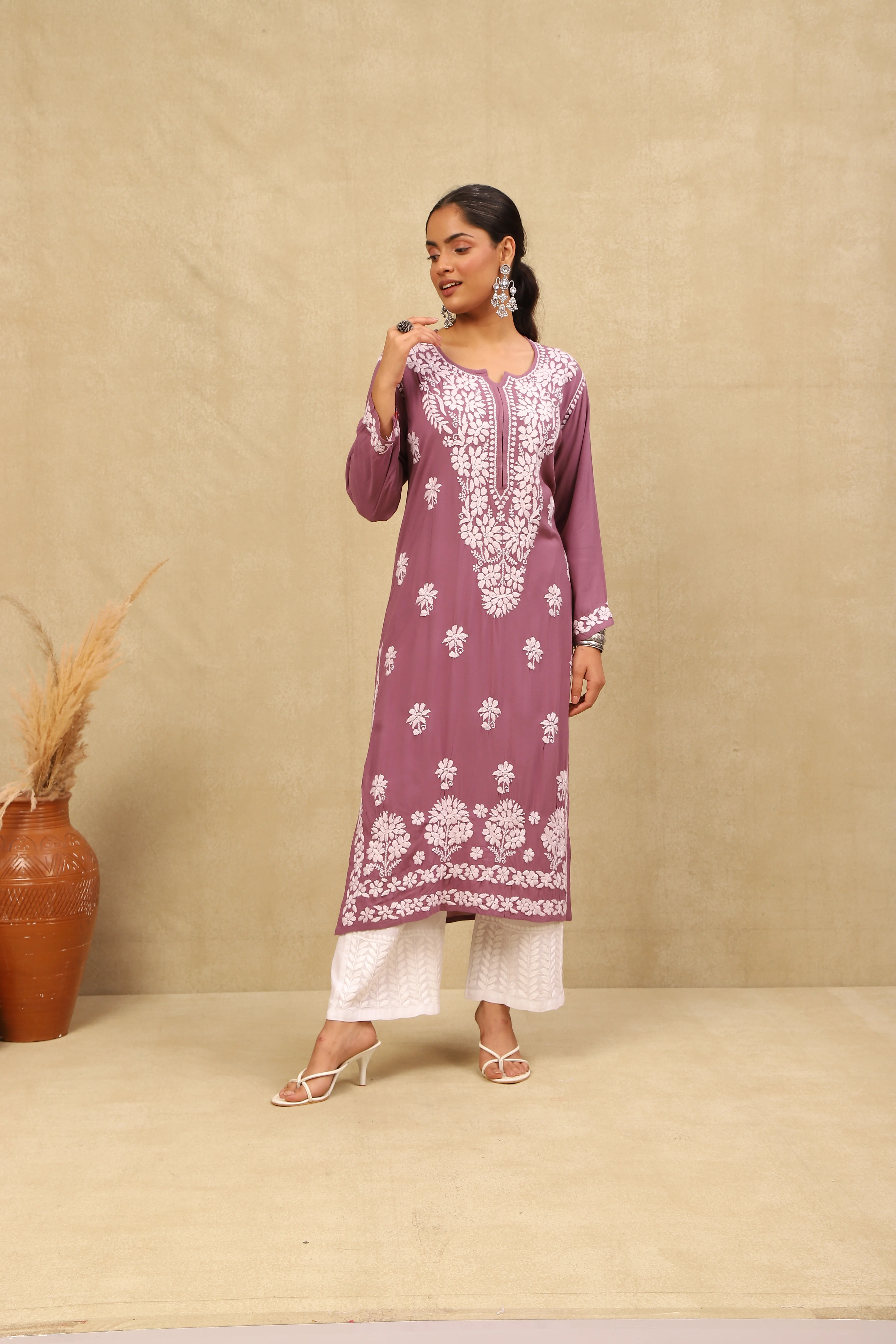 HOC Modal Chikankari Solid Women's Long Kurta -Purple - Healthber