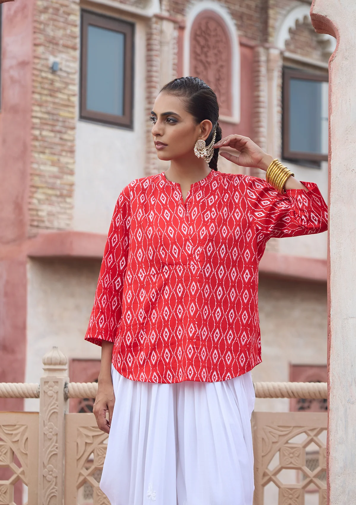 HOC Glazed Cotton Hand Block Printed with Hand Embroidery Women's Short Kurta - Red - Healthber