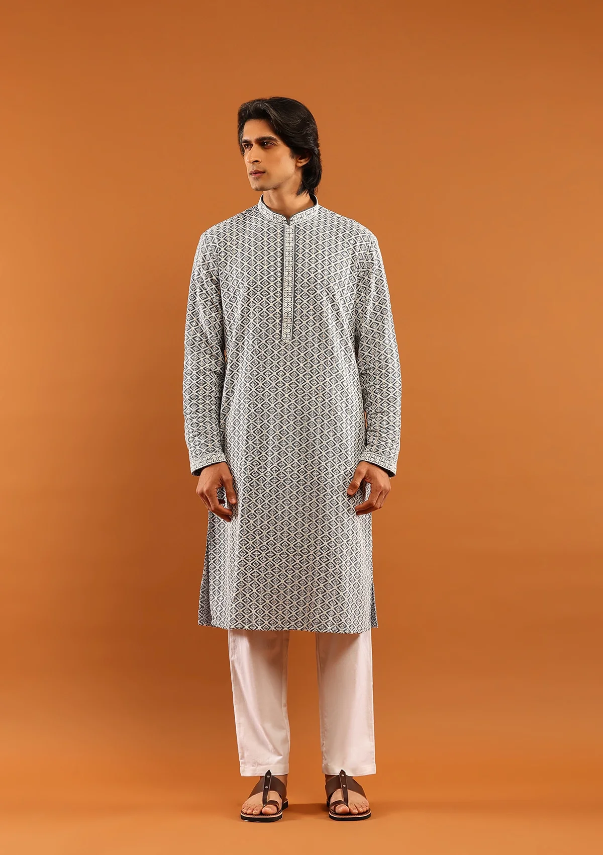 HOC Rayon Embroidered With Sequins Solid Men's Long Kurta- Grey - Healthber