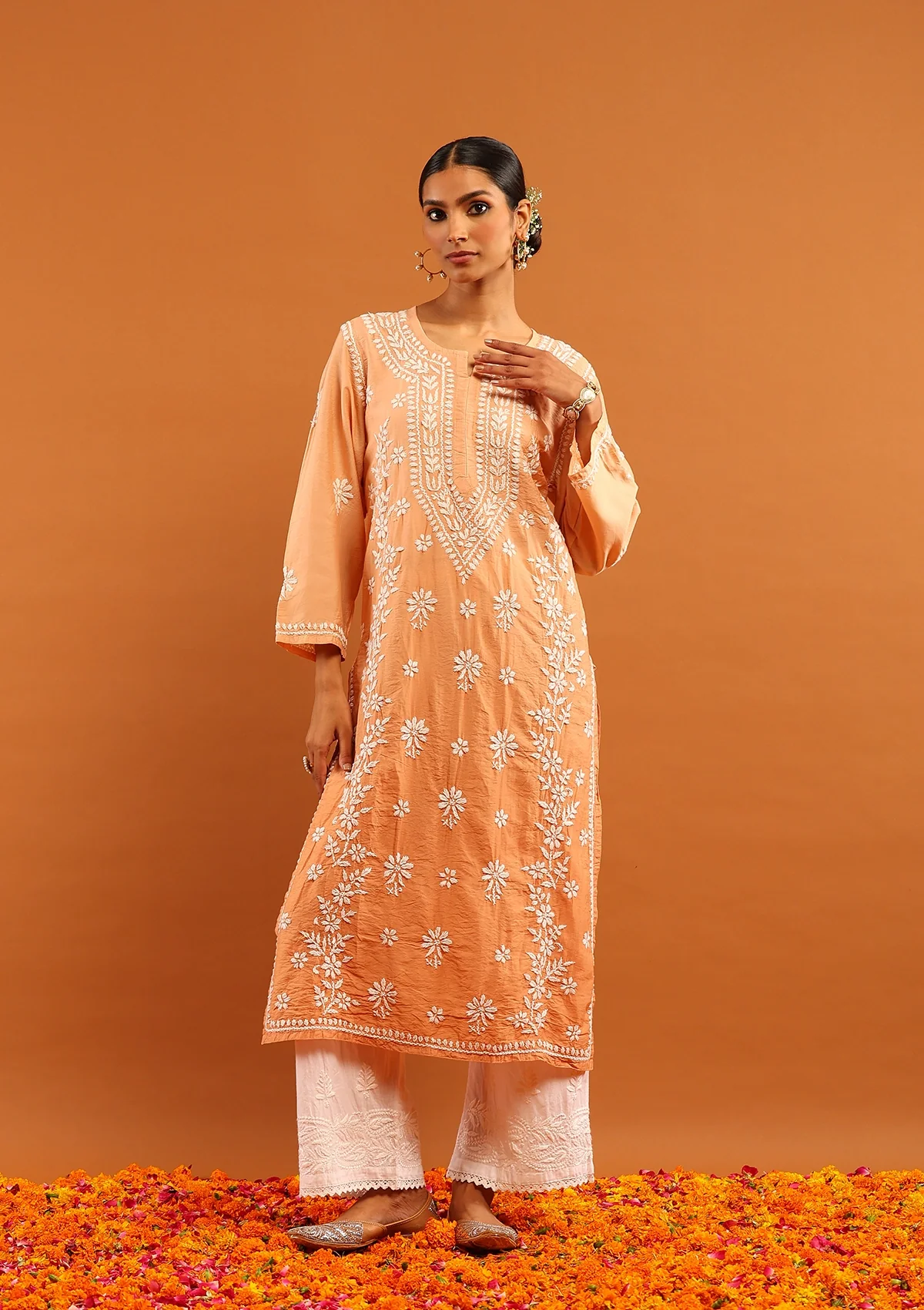 HOC Chanderi Chikankari Solid Women's Long Kurta-Peach - Healthber