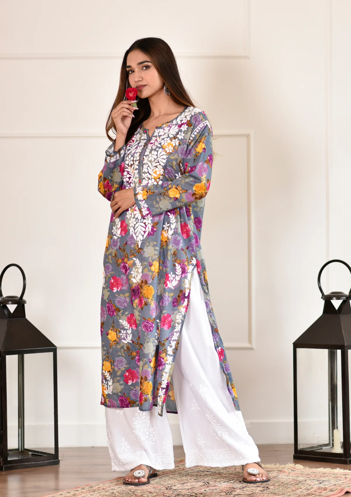 HOC Nuha Chikankari Mulmul Straight Kurta - Healthber