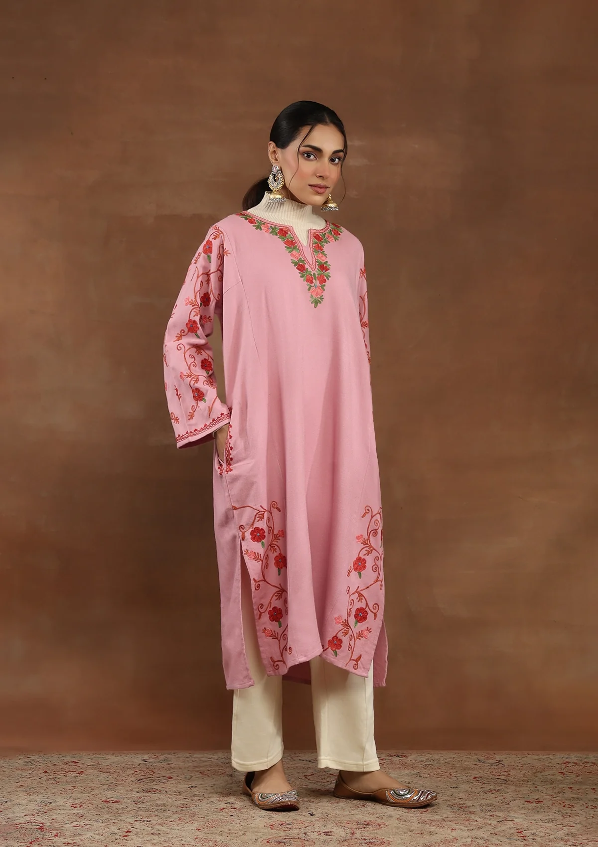 HOC Kashmiri Wool Aari Embroidered Solid Women's Phiran Kurta -Pink - Healthber