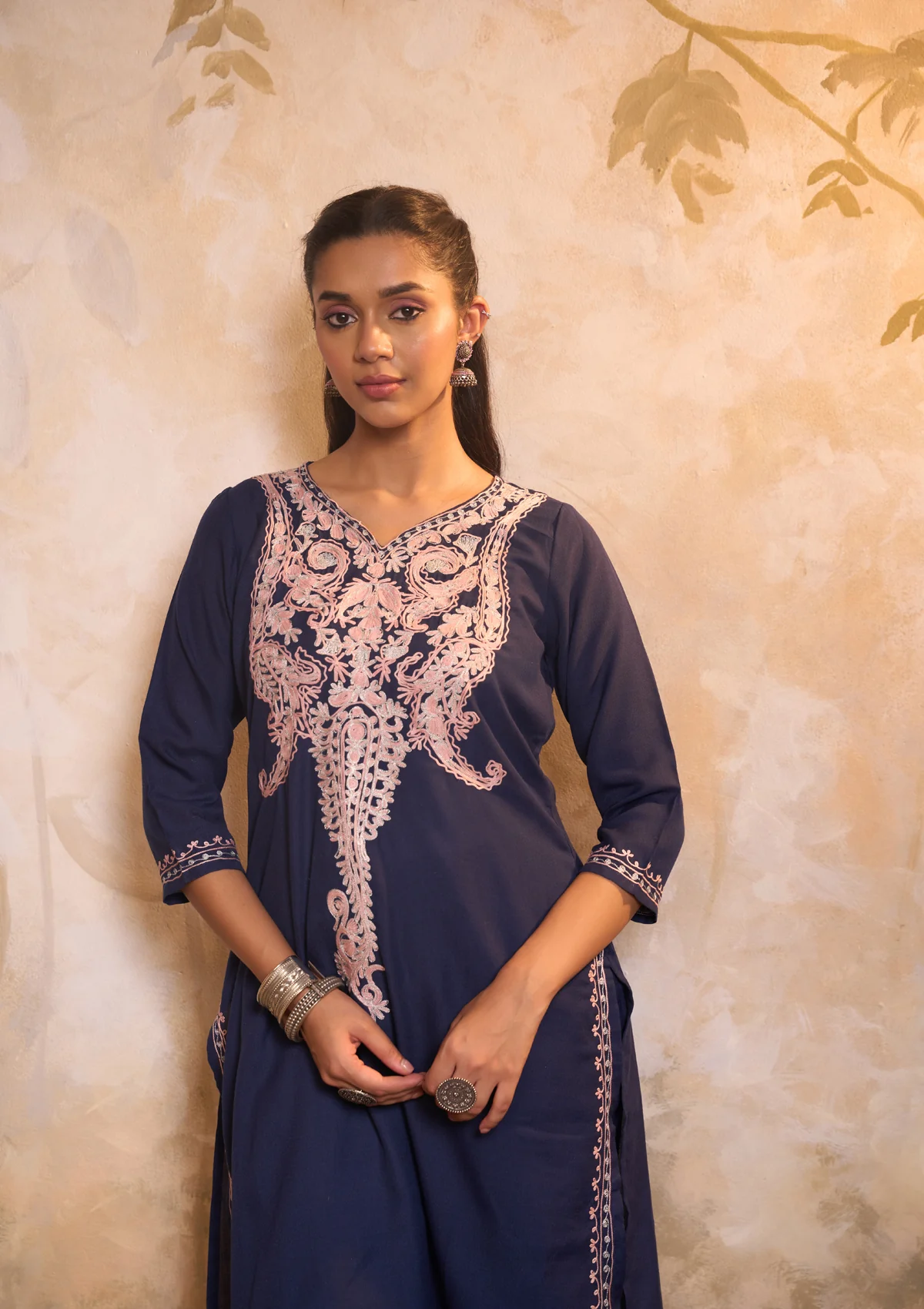 HOC Cotton Embroidered Aari With Zari Work Solid Women's 2 PC Long Kurta Set - Navy Blue - Healthber