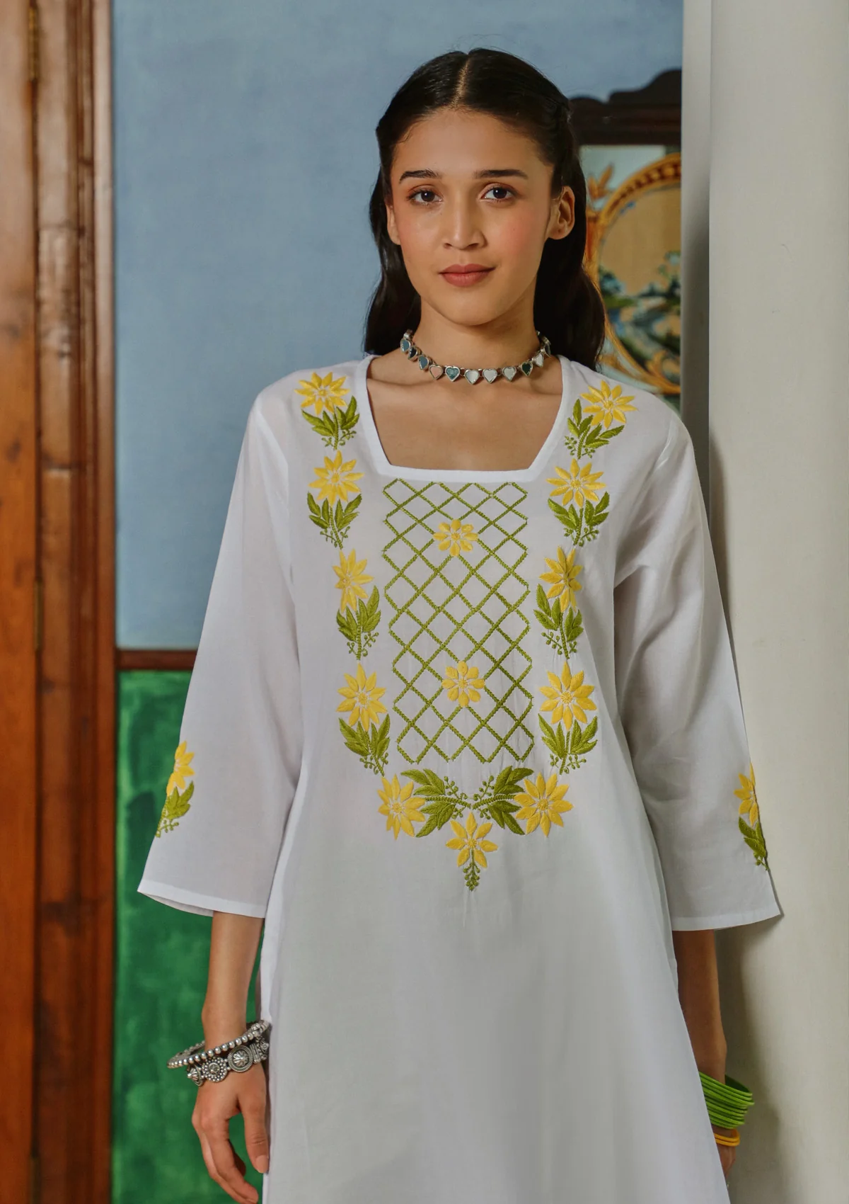 HOC Cotton Chikankari Solid Women's Long Kurta - White - Healthber