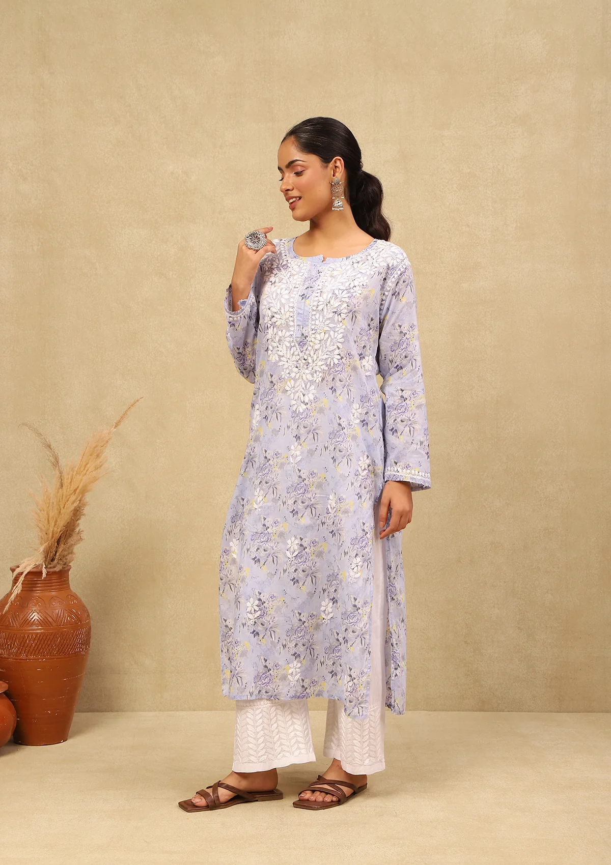 HOC Mulmul Chikankari Printed Women's Long Kurta -Lavender - Healthber