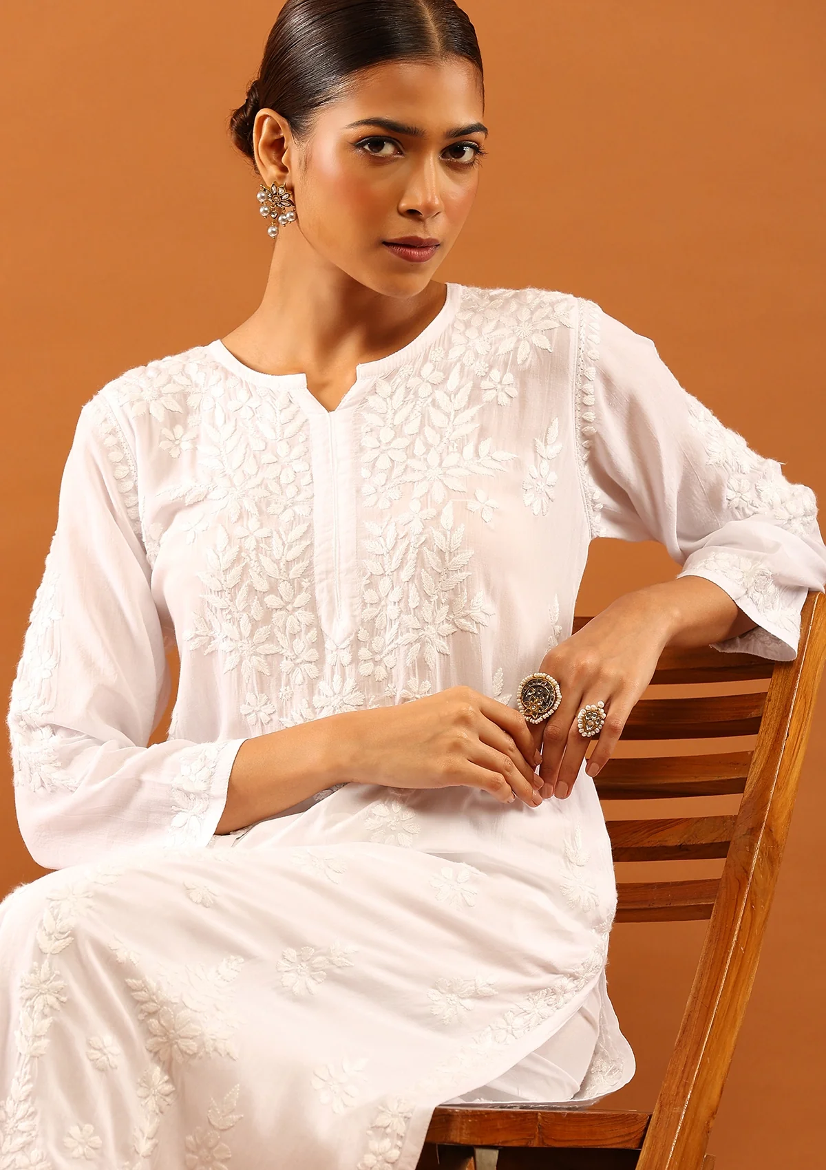 HOC Fenal Modal Chikankari Solid Women's Straight Kurta with Pockets - White - Healthber