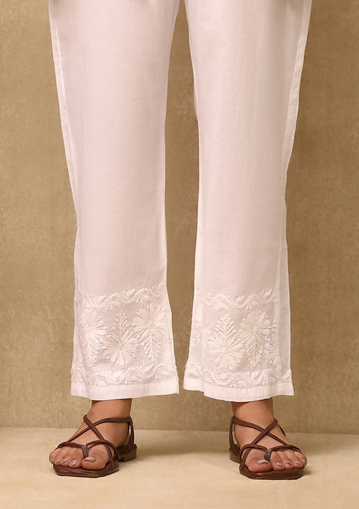 HOC Cotton Cambric Chikankari Solid Women's Pant - White - Healthber
