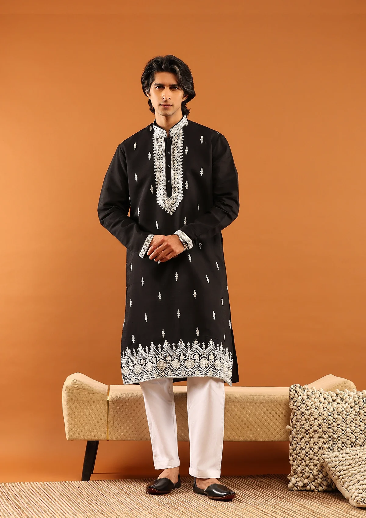 HOC Poly Silk Zari Embroidered With Sequins Solid Men's Long Kurta- Black - Healthber