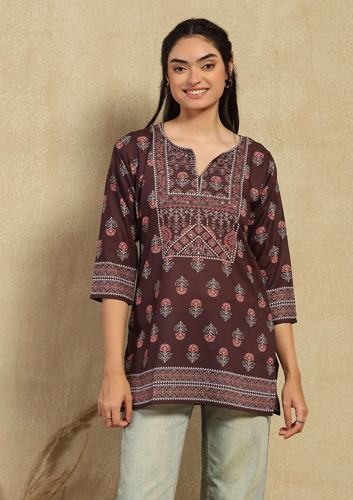 HOC Hand Embellished Cotton Blend Printed Women's Short Kurta - Brown - Healthber
