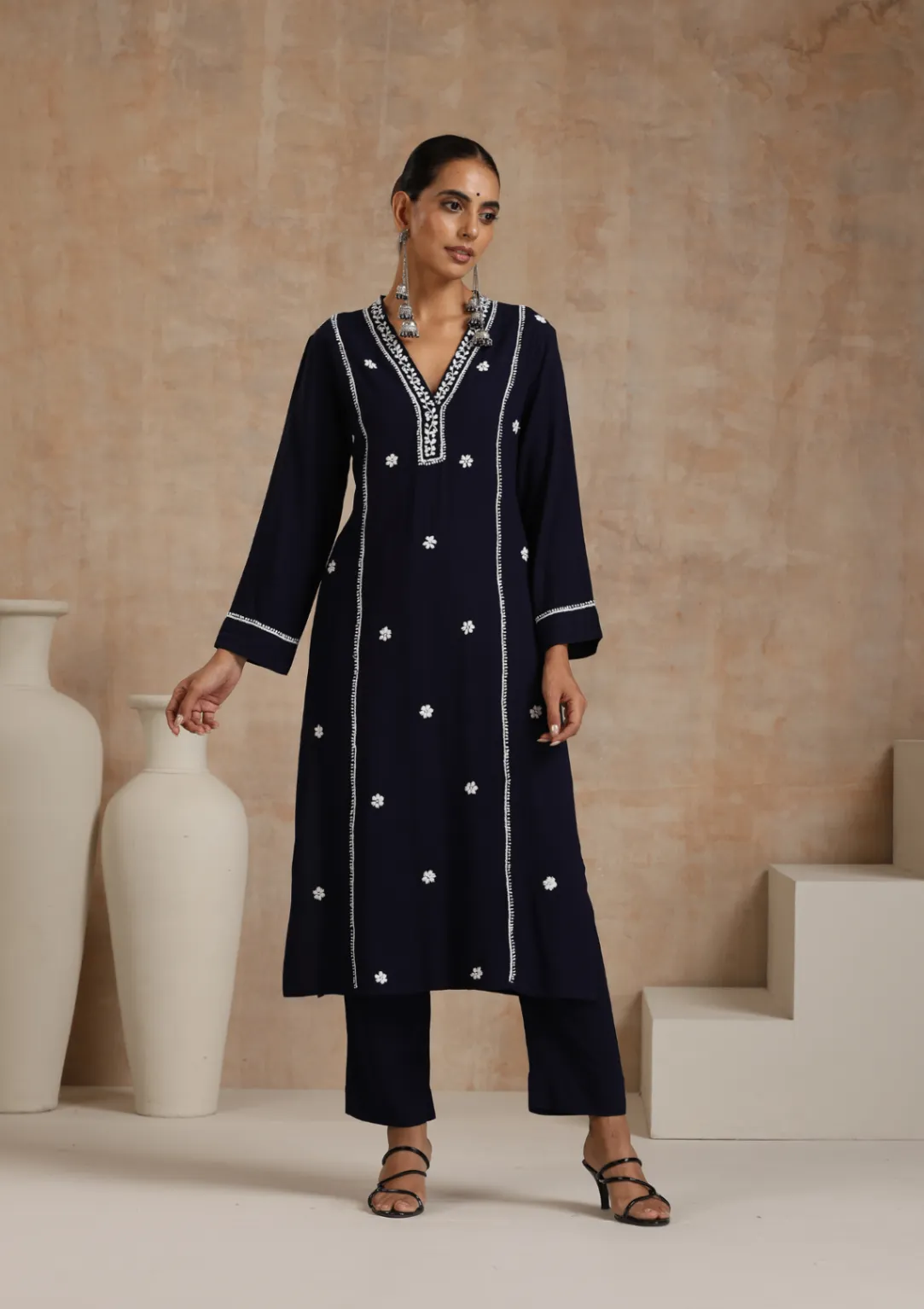 HOC Rayon Chikankari Solid Women's 2 PC Long Kurta Set - Navy Blue - Healthber